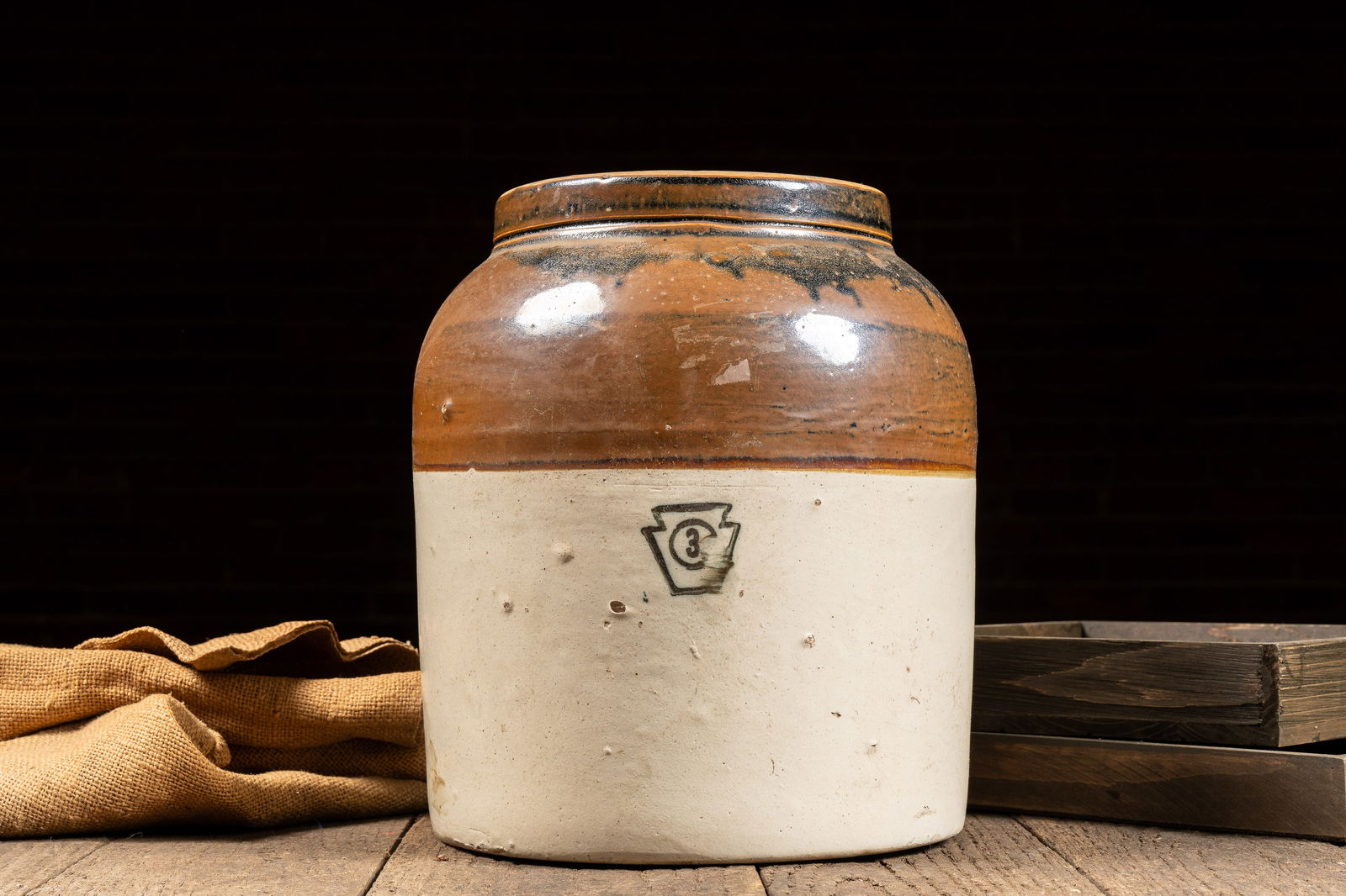 3 Gal. Two Tone Stoneware Crock: **NOTE: Any shipping quotes provided on this screen are provided by Live Auctioneers. For an in-house shipping quote on this lot, please reach out to us at rockauctiongallery@gmail.com.** 