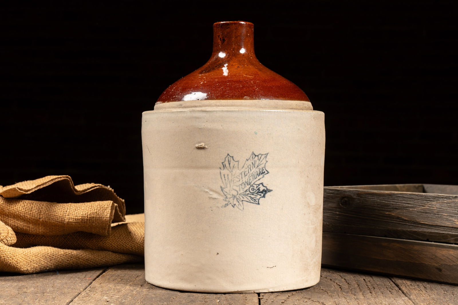 Western Stoneware Two Tone Jug Crock: **NOTE: Any shipping quotes provided on this screen are provided by Live Auctioneers. For an in-house shipping quote on this lot, please reach out to us at rockauctiongallery@gmail.com.** 