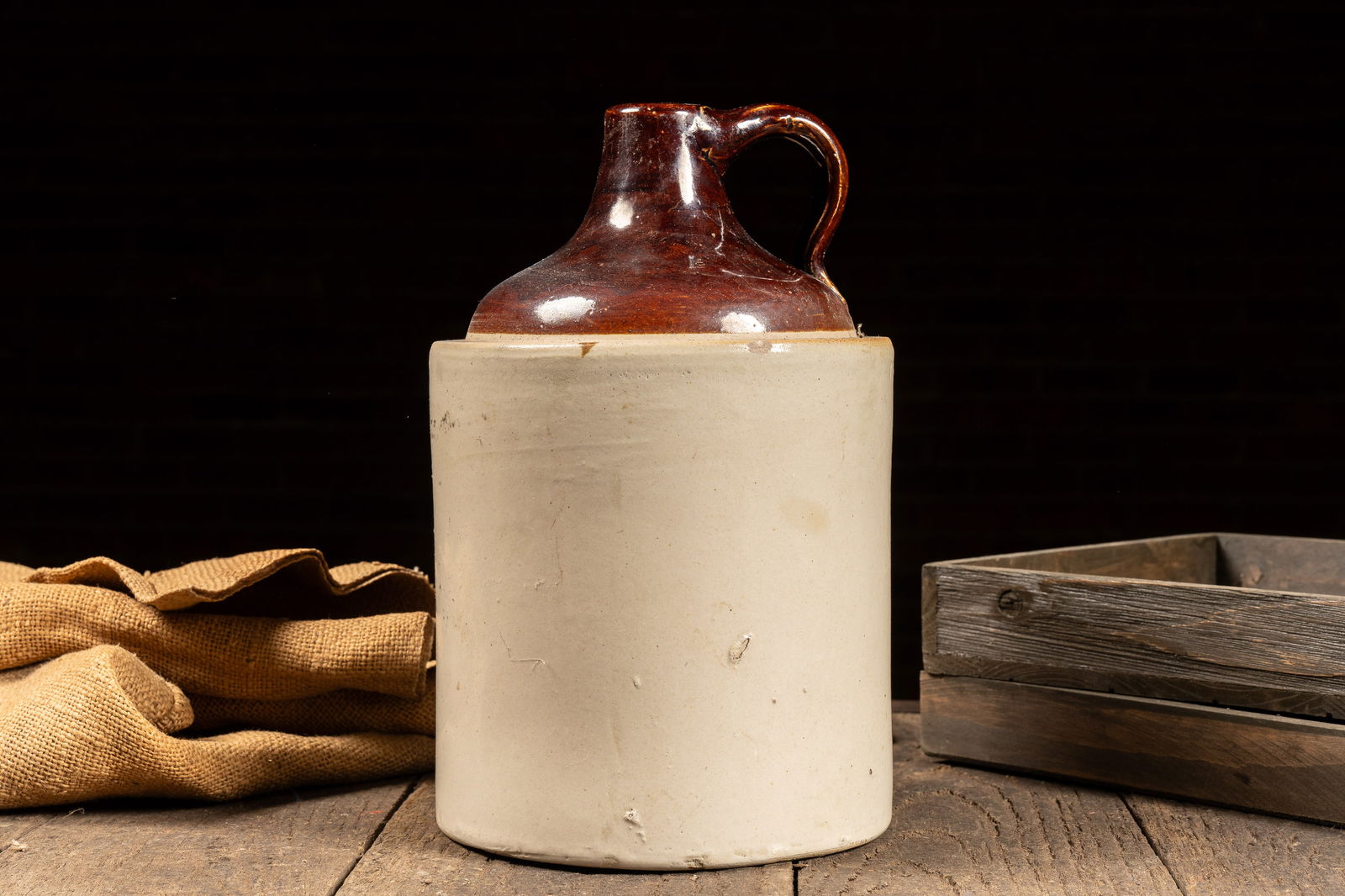 Unmarked Two Tone Jug Stoneware Crock: **NOTE: Any shipping quotes provided on this screen are provided by Live Auctioneers. For an in-house shipping quote on this lot, please reach out to us at rockauctiongallery@gmail.com.** 