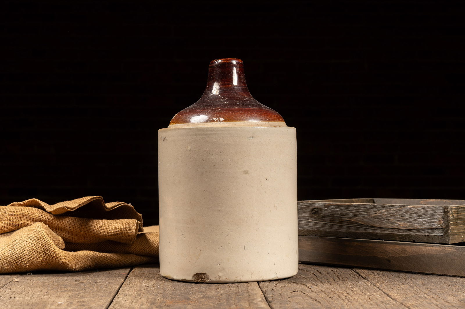 Unmarked Two Tone Jug Stoneware Crock: **NOTE: Any shipping quotes provided on this screen are provided by Live Auctioneers. For an in-house shipping quote on this lot, please reach out to us at rockauctiongallery@gmail.com.** 
