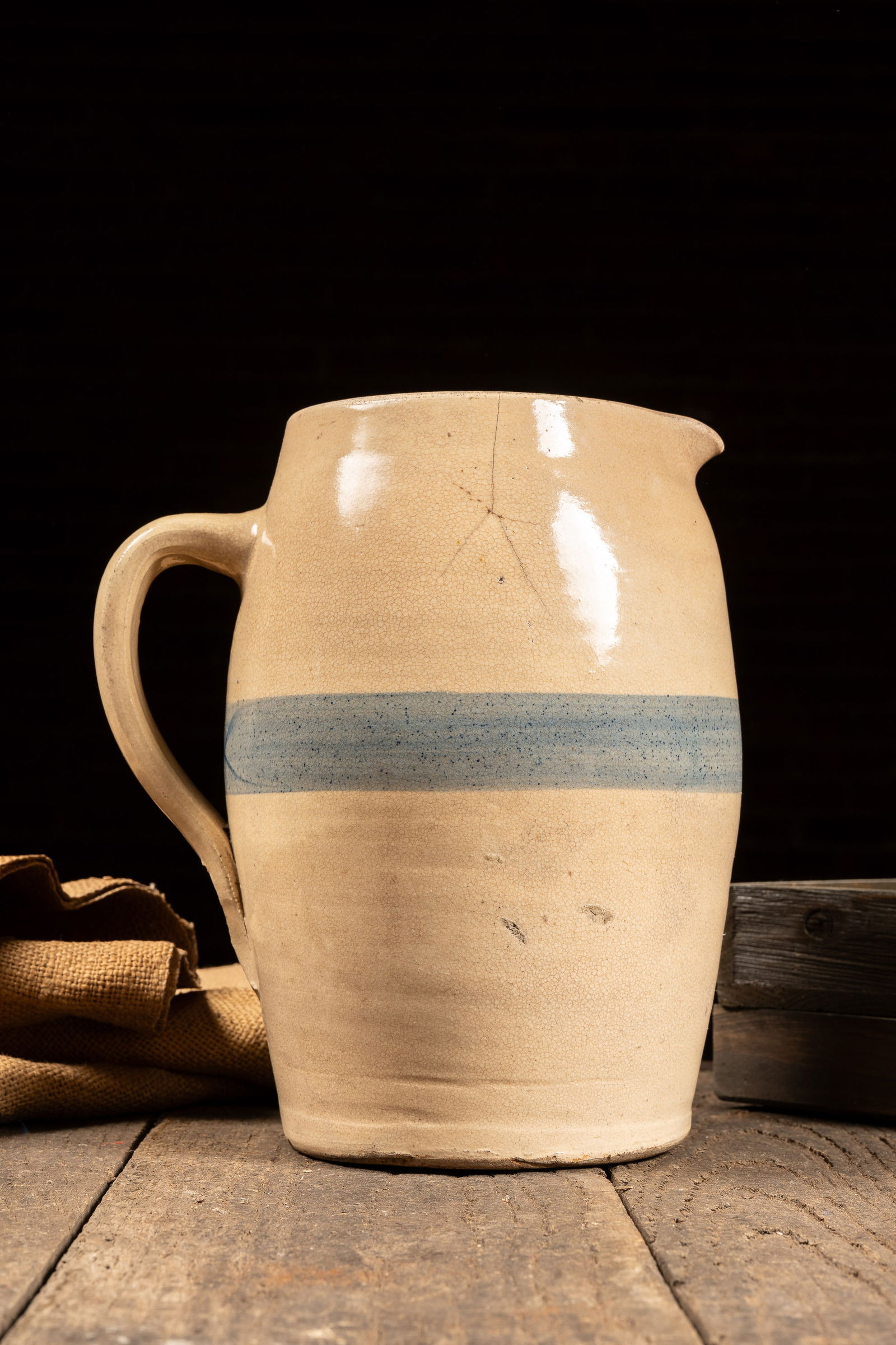 Unmarked Stoneware Pitcher w Blue Band (1 of 4)