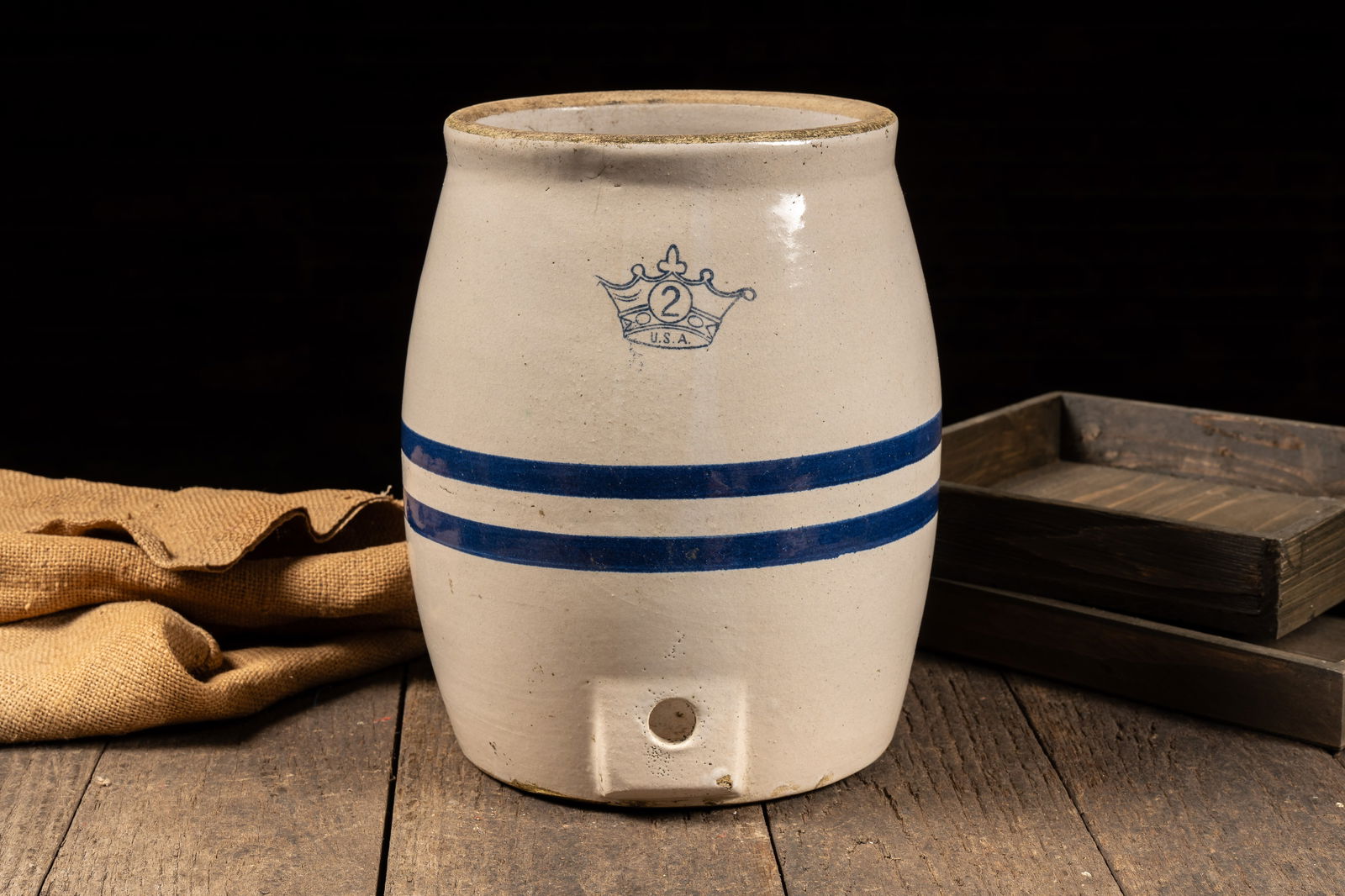 2 Gal. Spigot Stoneware Crock w Crown Mark: **NOTE: Any shipping quotes provided on this screen are provided by Live Auctioneers. For an in-house shipping quote on this lot, please reach out to us at rockauctiongallery@gmail.com.** 