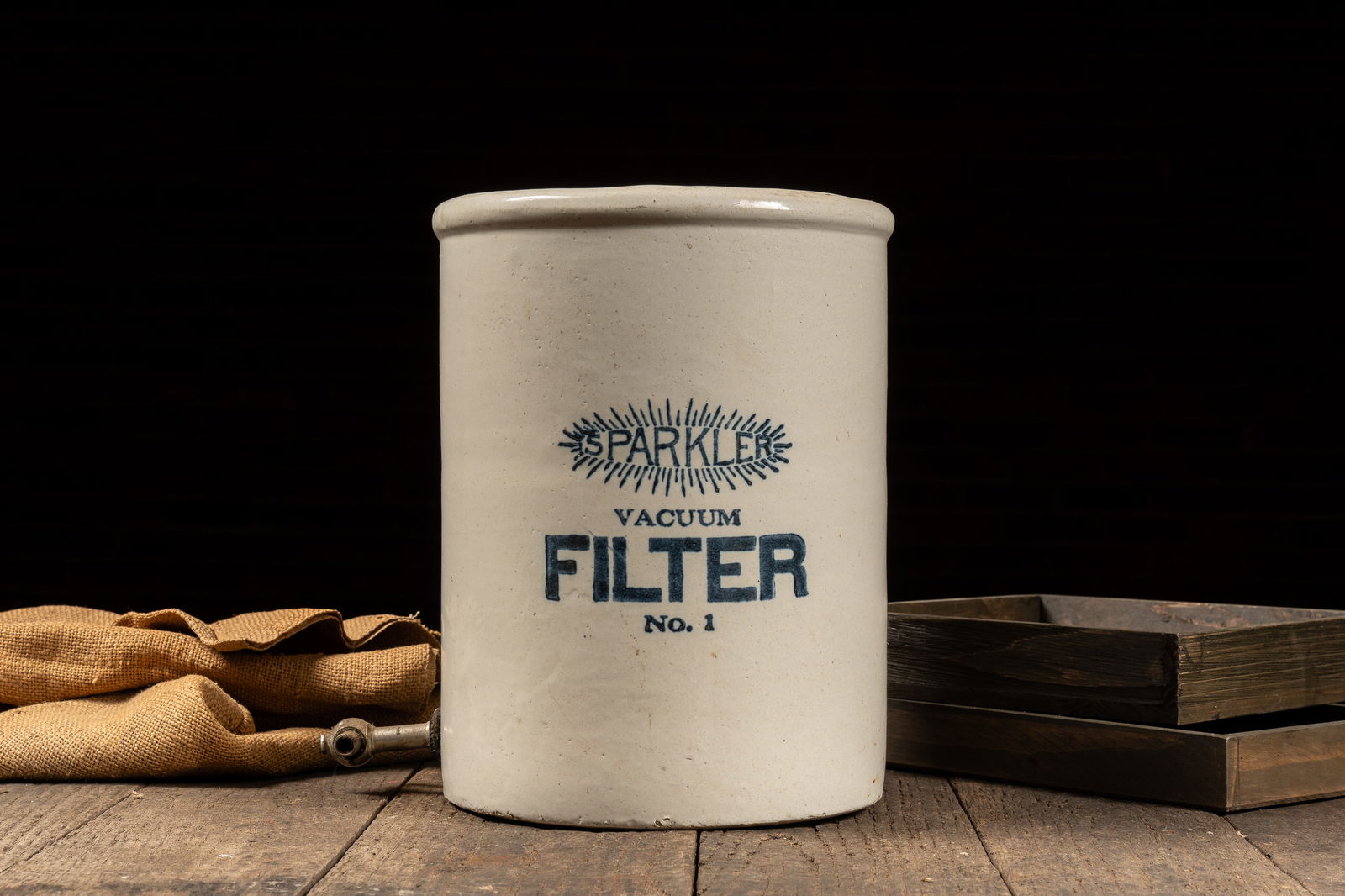 Sparkler Vacuum Filter Stoneware Crock: **NOTE: Any shipping quotes provided on this screen are provided by Live Auctioneers. For an in-house shipping quote on this lot, please reach out to us at rockauctiongallery@gmail.com.** 