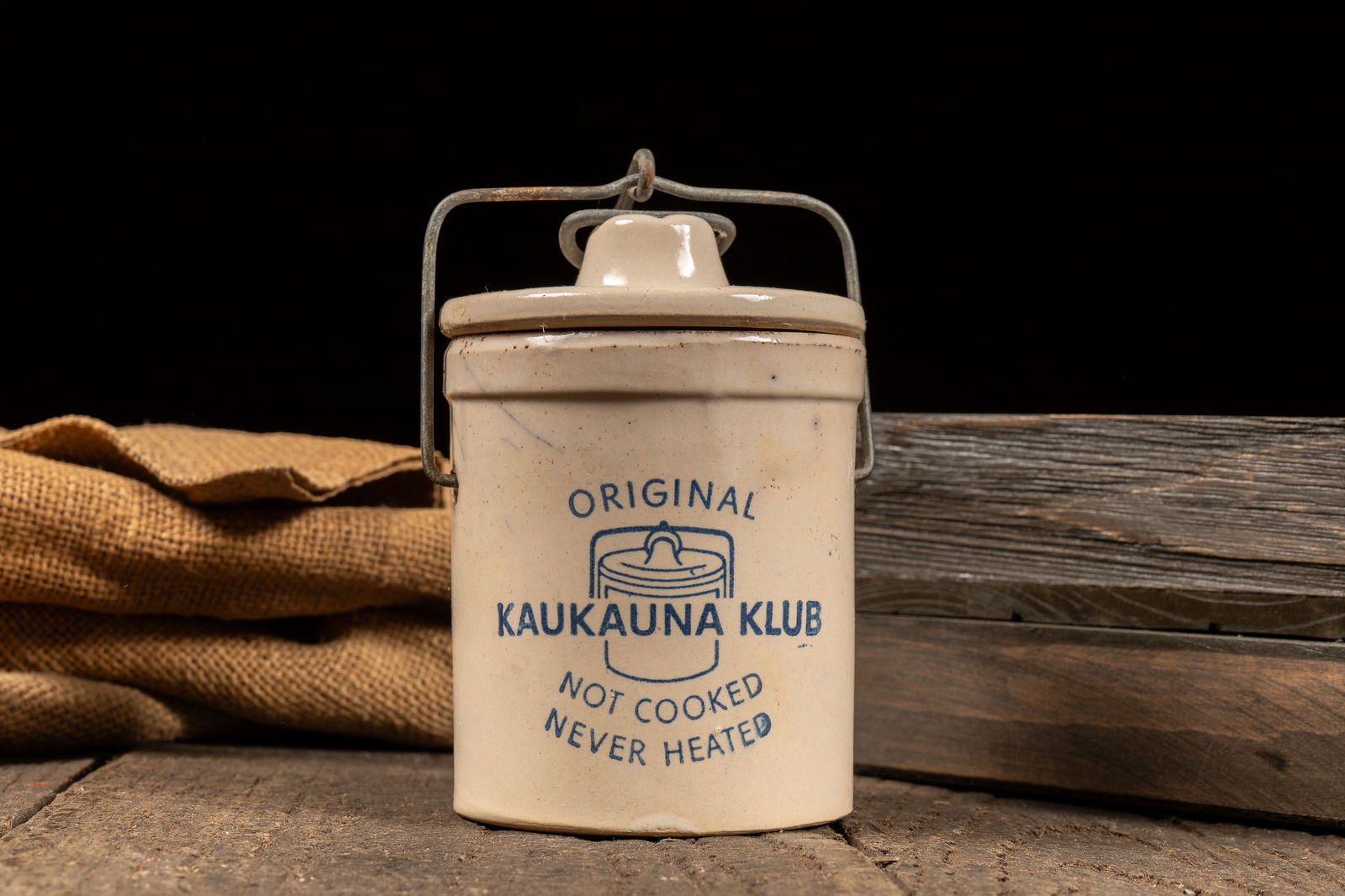 Vintage 'Kaukauna Klub' Stoneware Cheese Vessel: **NOTE: Any shipping quotes provided on this screen are provided by Live Auctioneers. For an in-house shipping quote on this lot, please reach out to us at rockauctiongallery@gmail.com.** 
