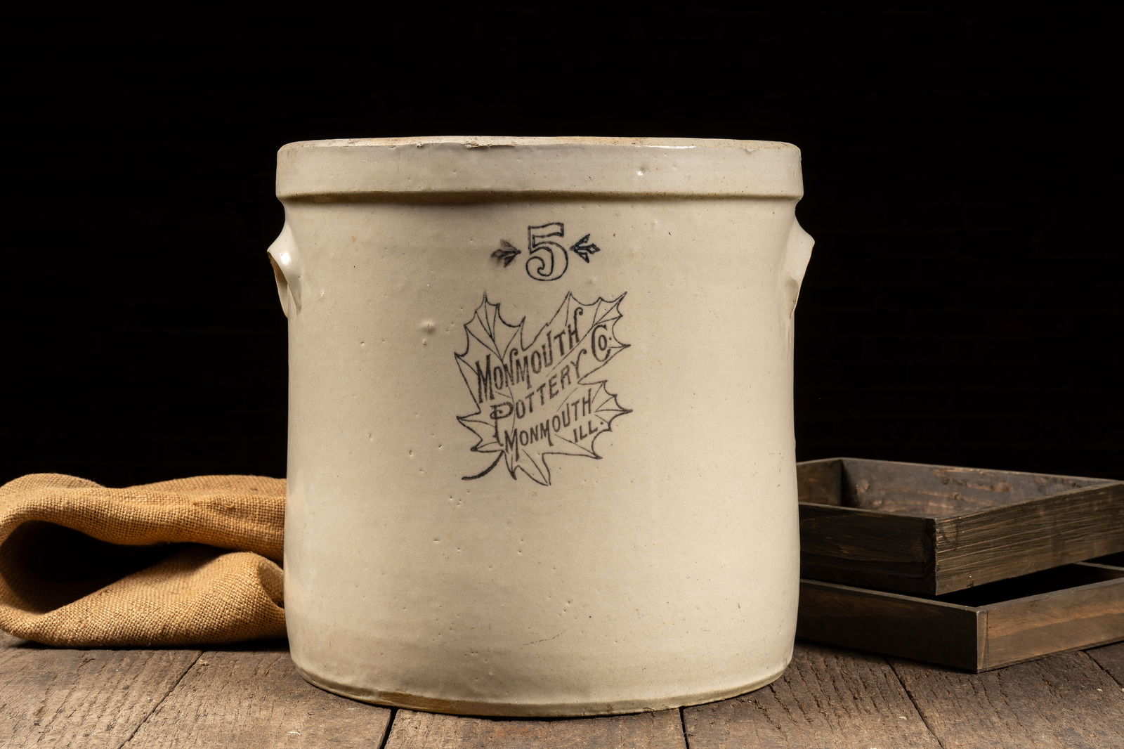 5 Gal. Monmouth Pottery Stoneware Crock: **NOTE: Any shipping quotes provided on this screen are provided by Live Auctioneers. For an in-house shipping quote on this lot, please reach out to us at rockauctiongallery@gmail.com.** 