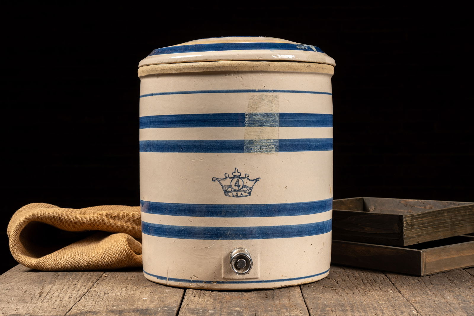 4 Gal. Striped Stoneware Crock w Spigot: **NOTE: Any shipping quotes provided on this screen are provided by Live Auctioneers. For an in-house shipping quote on this lot, please reach out to us at rockauctiongallery@gmail.com.** 
