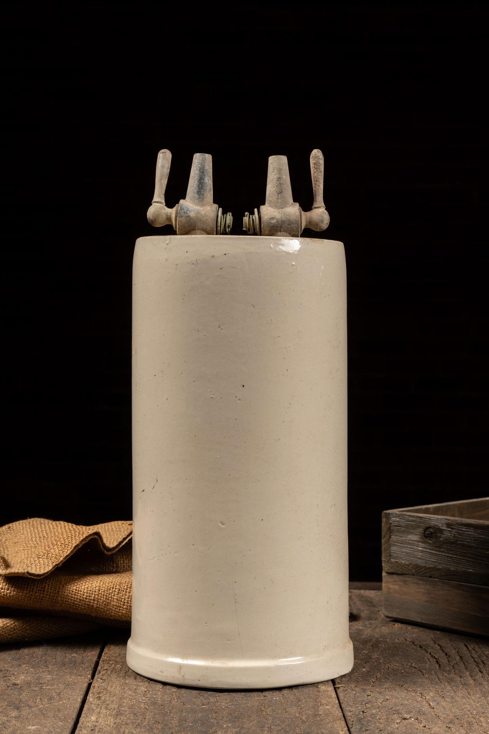 Unmarked Two Spigot Stoneware Vessel: **NOTE: Any shipping quotes provided on this screen are provided by Live Auctioneers. For an in-house shipping quote on this lot, please reach out to us at rockauctiongallery@gmail.com.** 