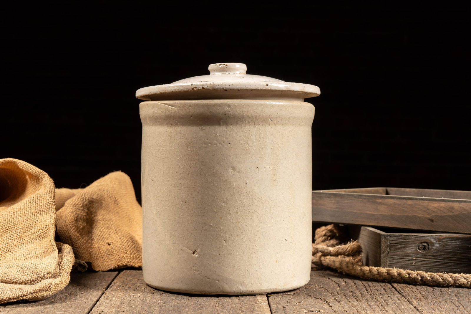 Beige Stoneware Crock Jar w Lid: **NOTE: Any shipping quotes provided on this screen are provided by Live Auctioneers. For an in-house shipping quote on this lot, please reach out to us at rockauctiongallery@gmail.com.** C-18630