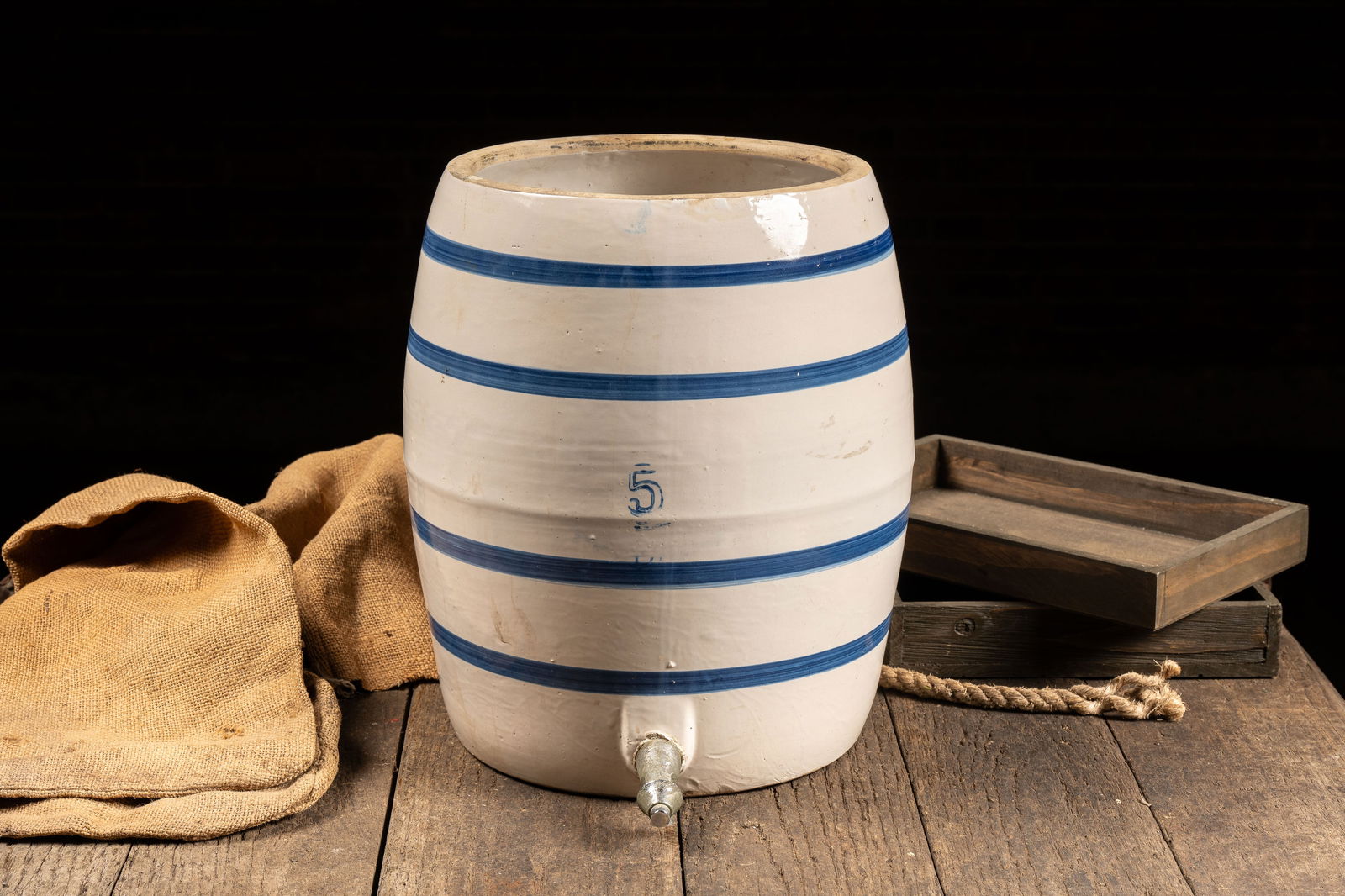 5 Gal. Blue Banded Stoneware Crock w Spigot: **NOTE: Any shipping quotes provided on this screen are provided by Live Auctioneers. For an in-house shipping quote on this lot, please reach out to us at rockauctiongallery@gmail.com.** C-18632