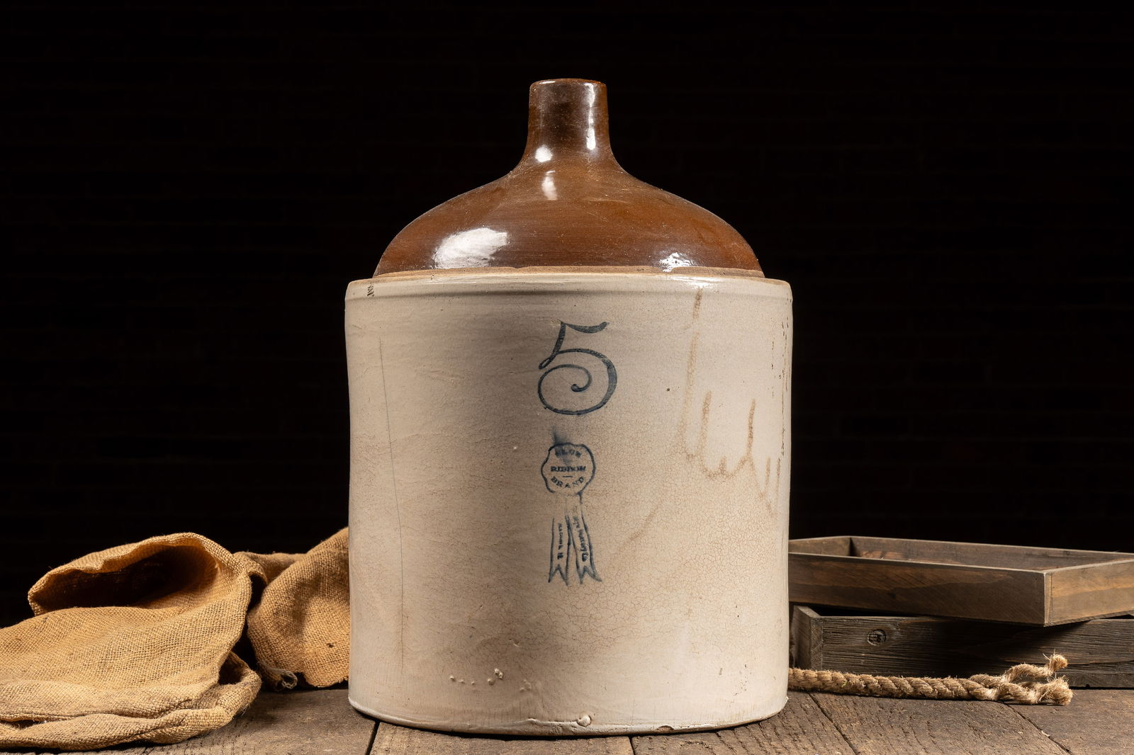 5 Gal. Blue Ribbon Band Stoneware Crock Jug: **NOTE: Any shipping quotes provided on this screen are provided by Live Auctioneers. For an in-house shipping quote on this lot, please reach out to us at rockauctiongallery@gmail.com.** C-18635