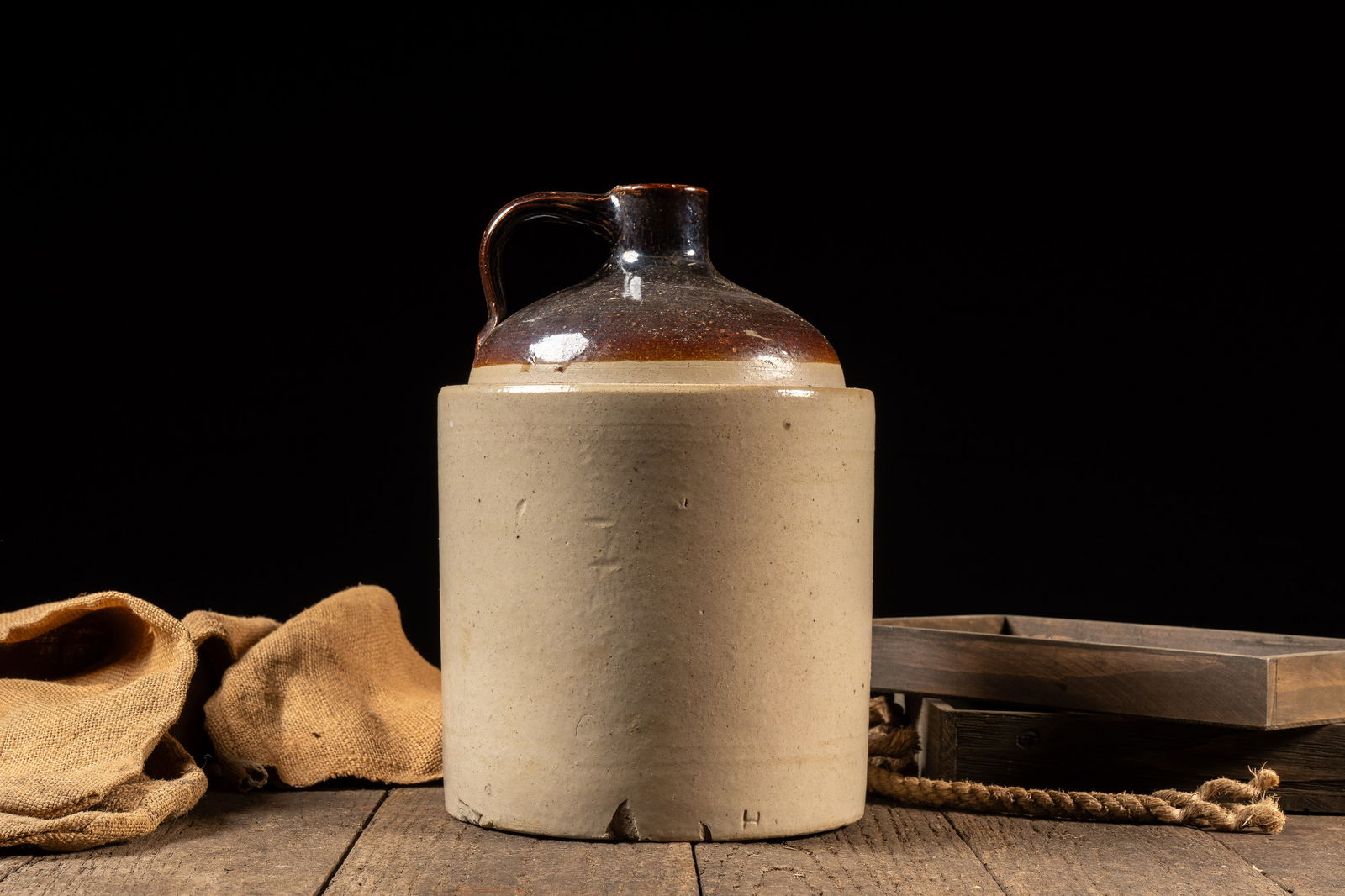 Unmarked Two Tone Stoneware Crock Jug: **NOTE: Any shipping quotes provided on this screen are provided by Live Auctioneers. For an in-house shipping quote on this lot, please reach out to us at rockauctiongallery@gmail.com.** C-18639