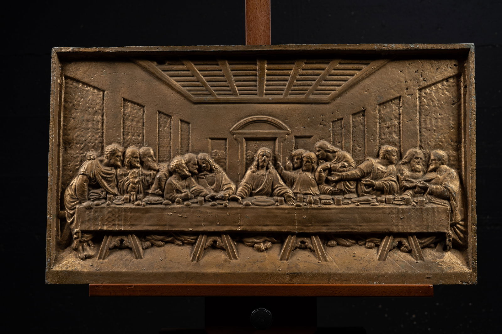 Brass-Toned Cast Metal "Last Supper" Relief Plaque: **NOTE: Any shipping quotes provided on this screen are provided by Live Auctioneers. For an in-house shipping quote on this lot, please reach out to us at rockauctiongallery@gmail.com.** 
