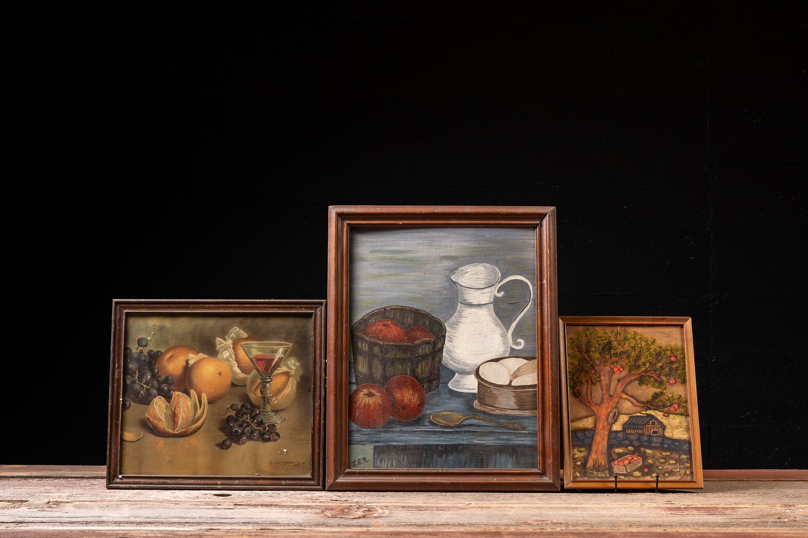 Set of 2 Still Lifes and an Orchard Scene: **NOTE: Any shipping quotes provided on this screen are provided by Live Auctioneers. For an in-house shipping quote on this lot, please reach out to us at rockauctiongallery@gmail.com.** 