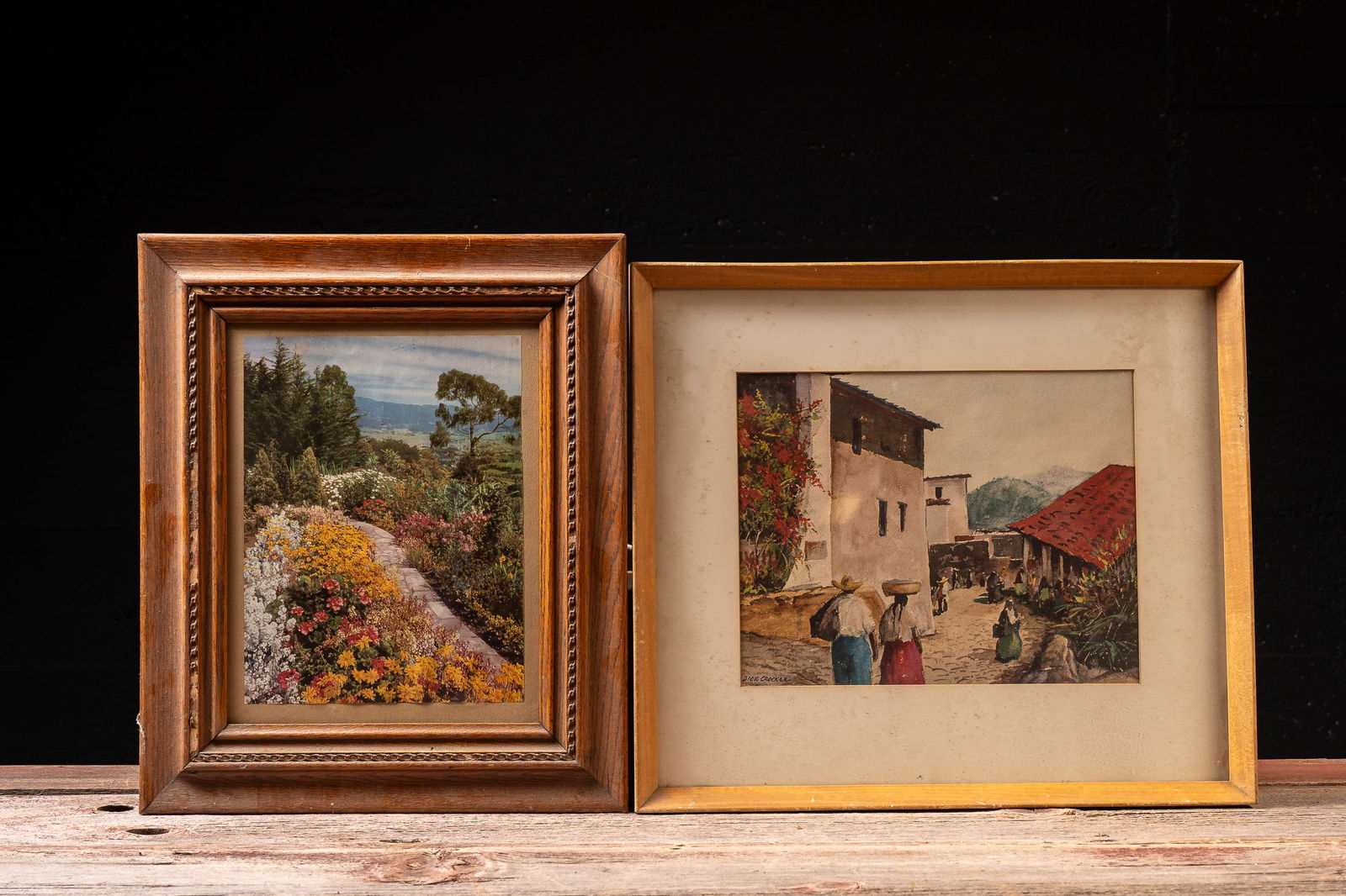 2 Framed Prints: Garden Landscape, Mexican Village: **NOTE: Any shipping quotes provided on this screen are provided by Live Auctioneers. For an in-house shipping quote on this lot, please reach out to us at rockauctiongallery@gmail.com.** 