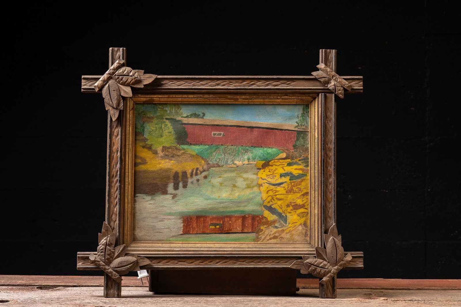 Covered Bridge Oil Painting in Tramp-Style Frame: **NOTE: Any shipping quotes provided on this screen are provided by Live Auctioneers. For an in-house shipping quote on this lot, please reach out to us at rockauctiongallery@gmail.com.** C-19113