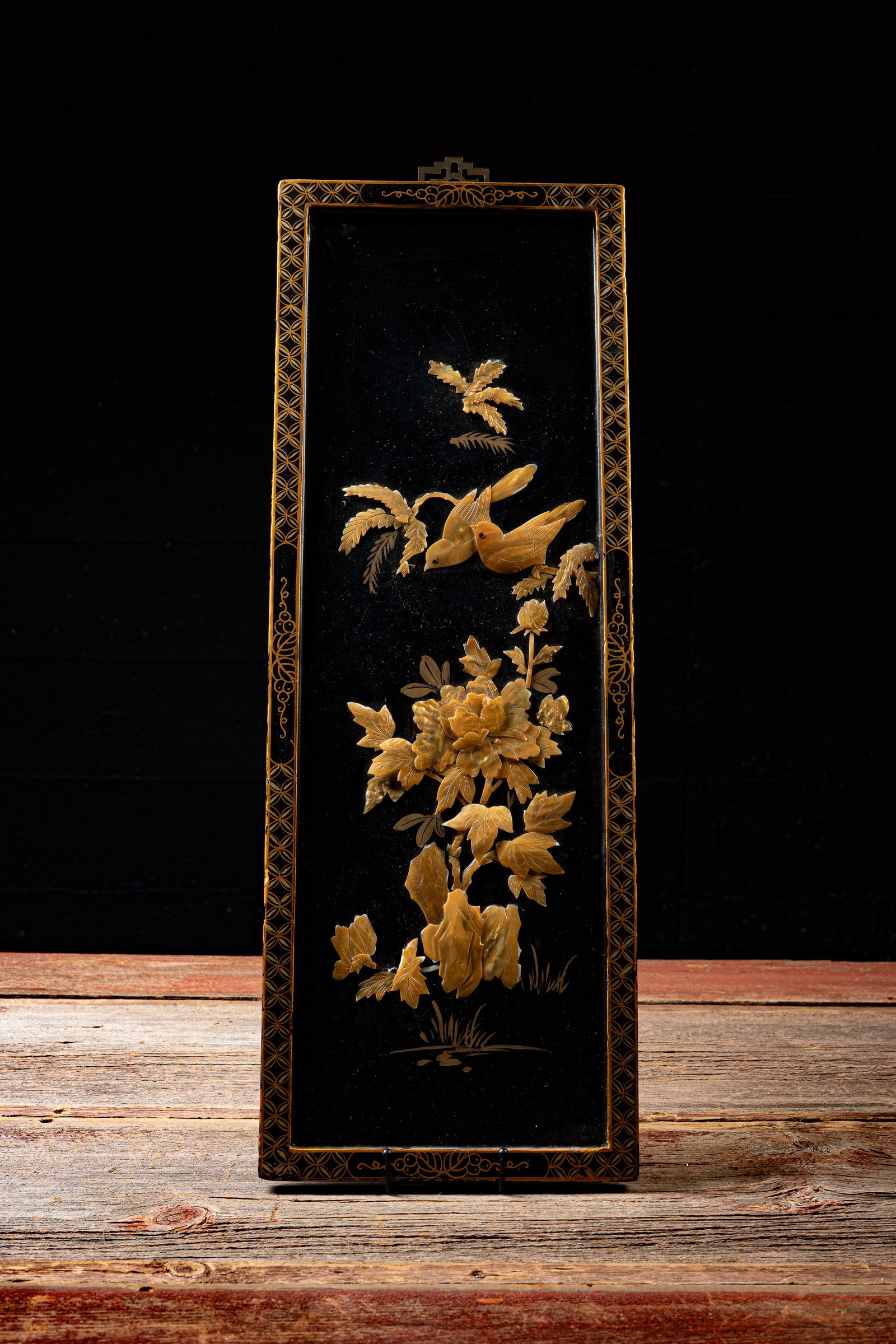 Gilded Mother-of-Pearl Floral & Bird Relief Panel: **NOTE: Any shipping quotes provided on this screen are provided by Live Auctioneers. For an in-house shipping quote on this lot, please reach out to us at rockauctiongallery@gmail.com.** C-19117
