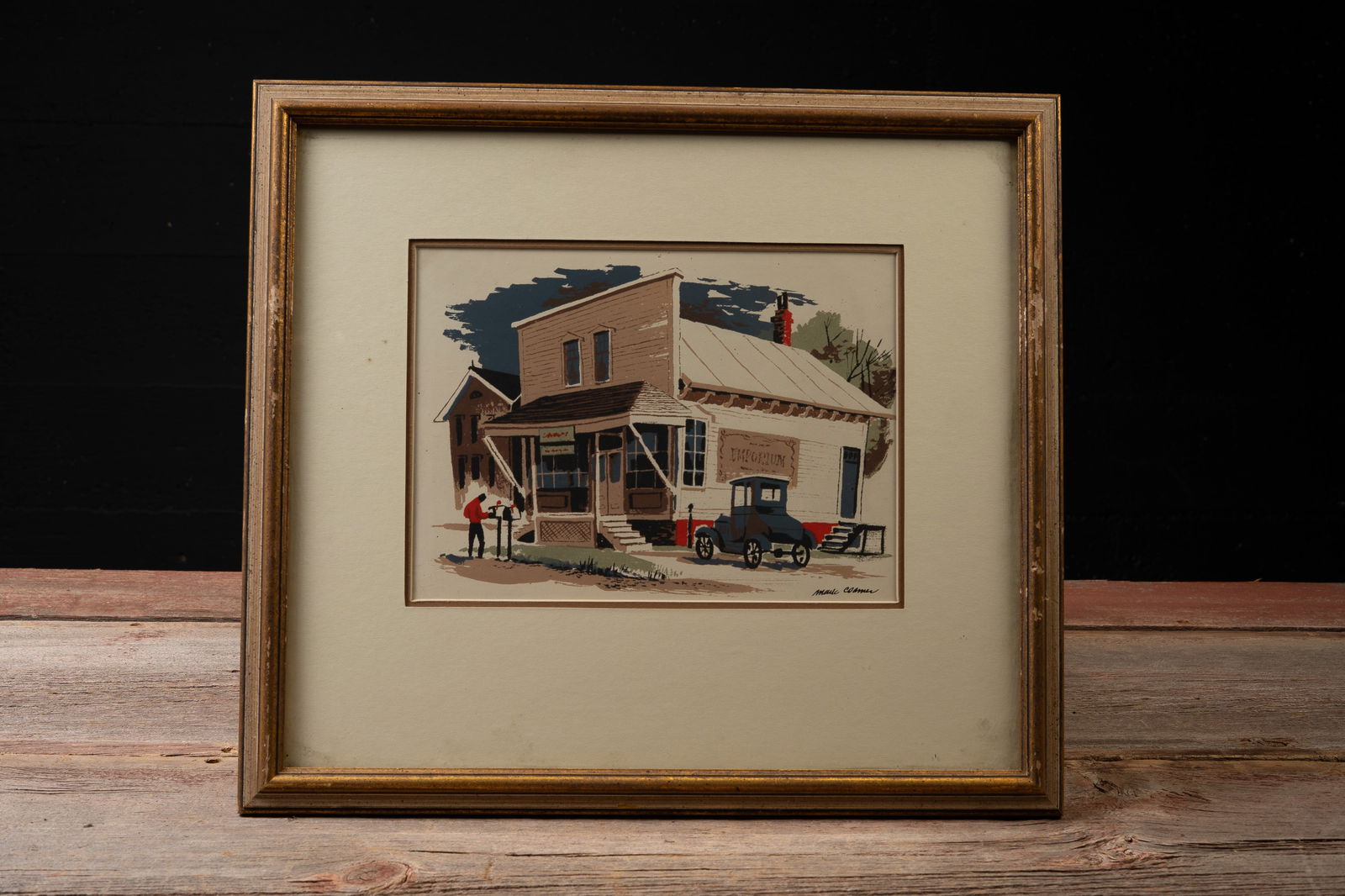 4 Signed Mid-Century Small Town Street Scenes: **NOTE: Any shipping quotes provided on this screen are provided by Live Auctioneers. For an in-house shipping quote on this lot, please reach out to us at rockauctiongallery@gmail.com.** 