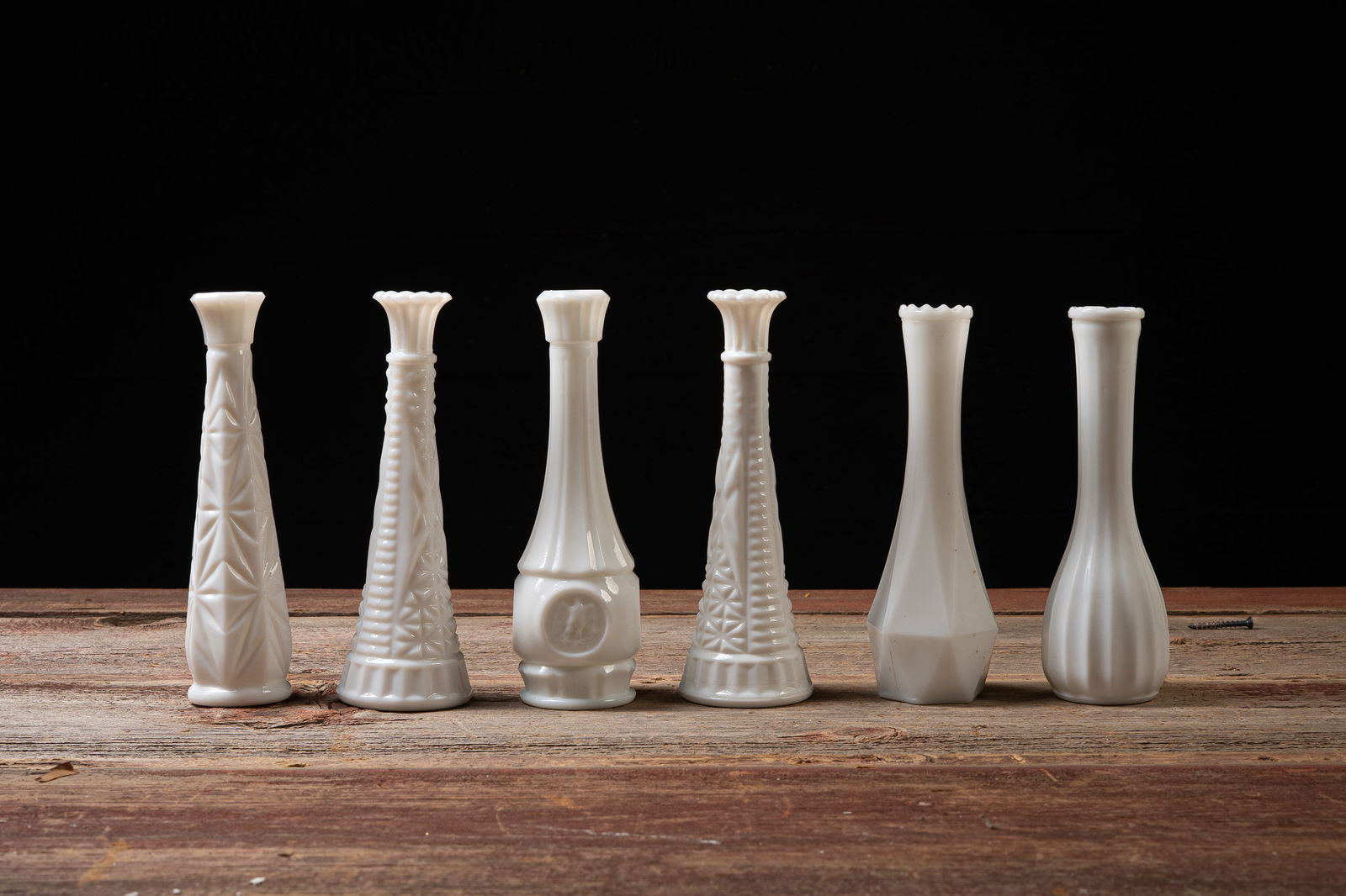 6 Midcentury Pressed Pattern Milk Glass Bud Vases (1 of 9)