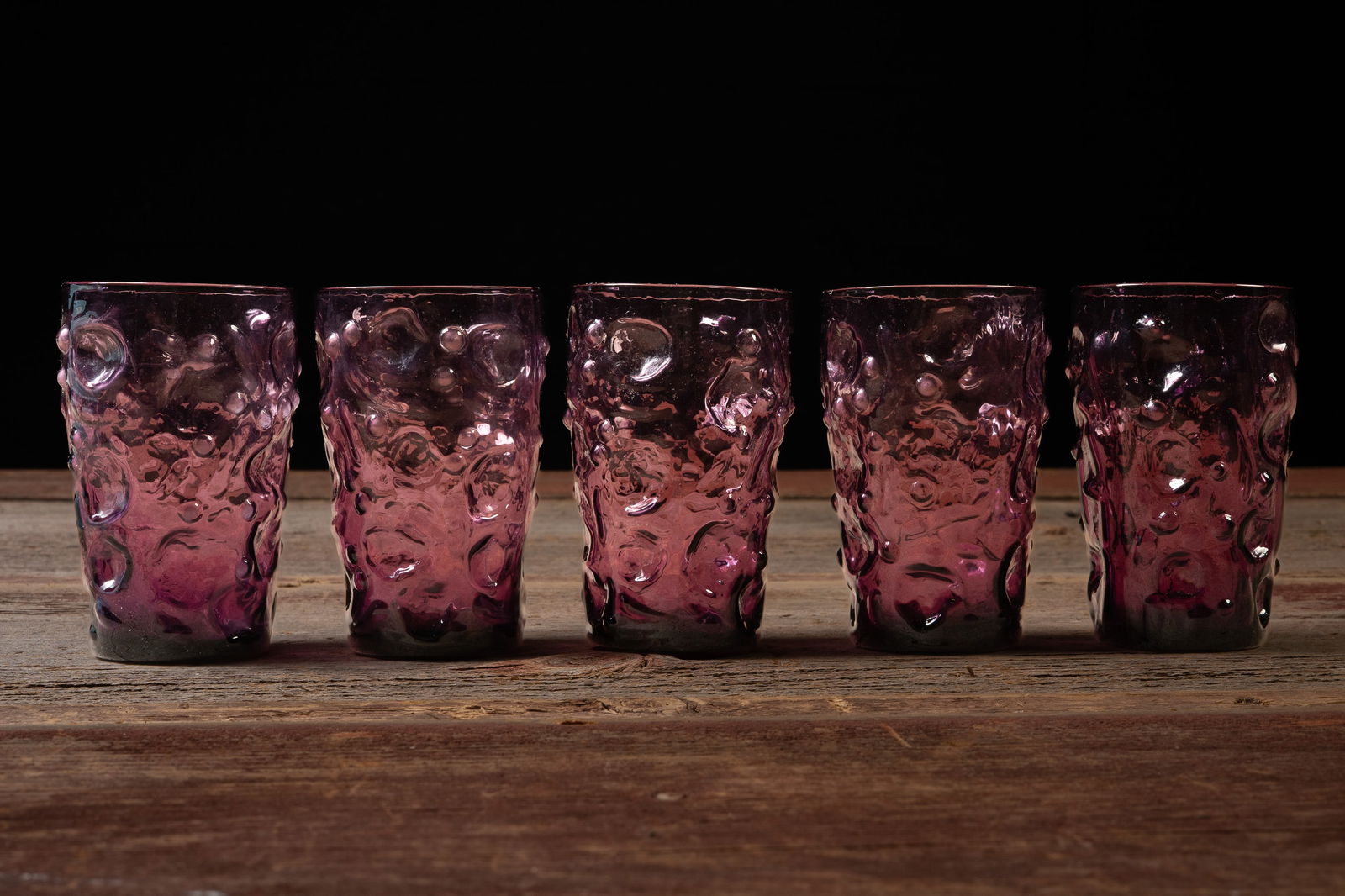Amethyst Textured Art Glass Tumblers - Set of Five: **NOTE: Any shipping quotes provided on this screen are provided by Live Auctioneers. For an in-house shipping quote on this lot, please reach out to us at rockauctiongallery@gmail.com.** 