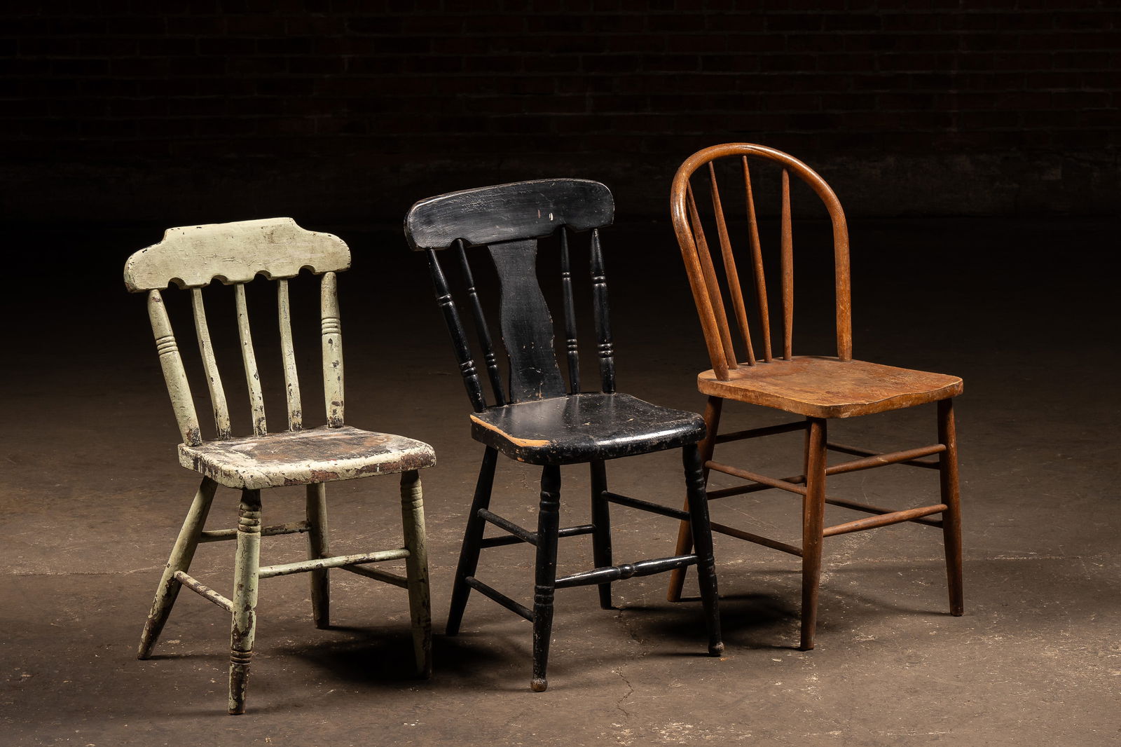Lot Of Three Vintage Wooden Farmhouse Chairs: **NOTE: Any shipping quotes provided on this screen are provided by Live Auctioneers. For an in-house shipping quote on this lot, please reach out to us at rockauctiongallery@gmail.com.** C-19126