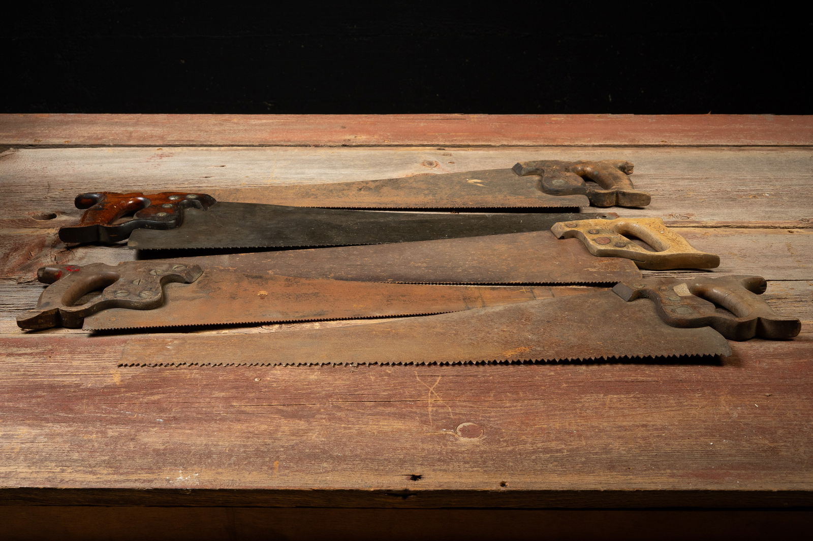 Antique Tool Lot - 5 Hand Saws: **NOTE: Any shipping quotes provided on this screen are provided by Live Auctioneers. For an in-house shipping quote on this lot, please reach out to us at rockauctiongallery@gmail.com.** 