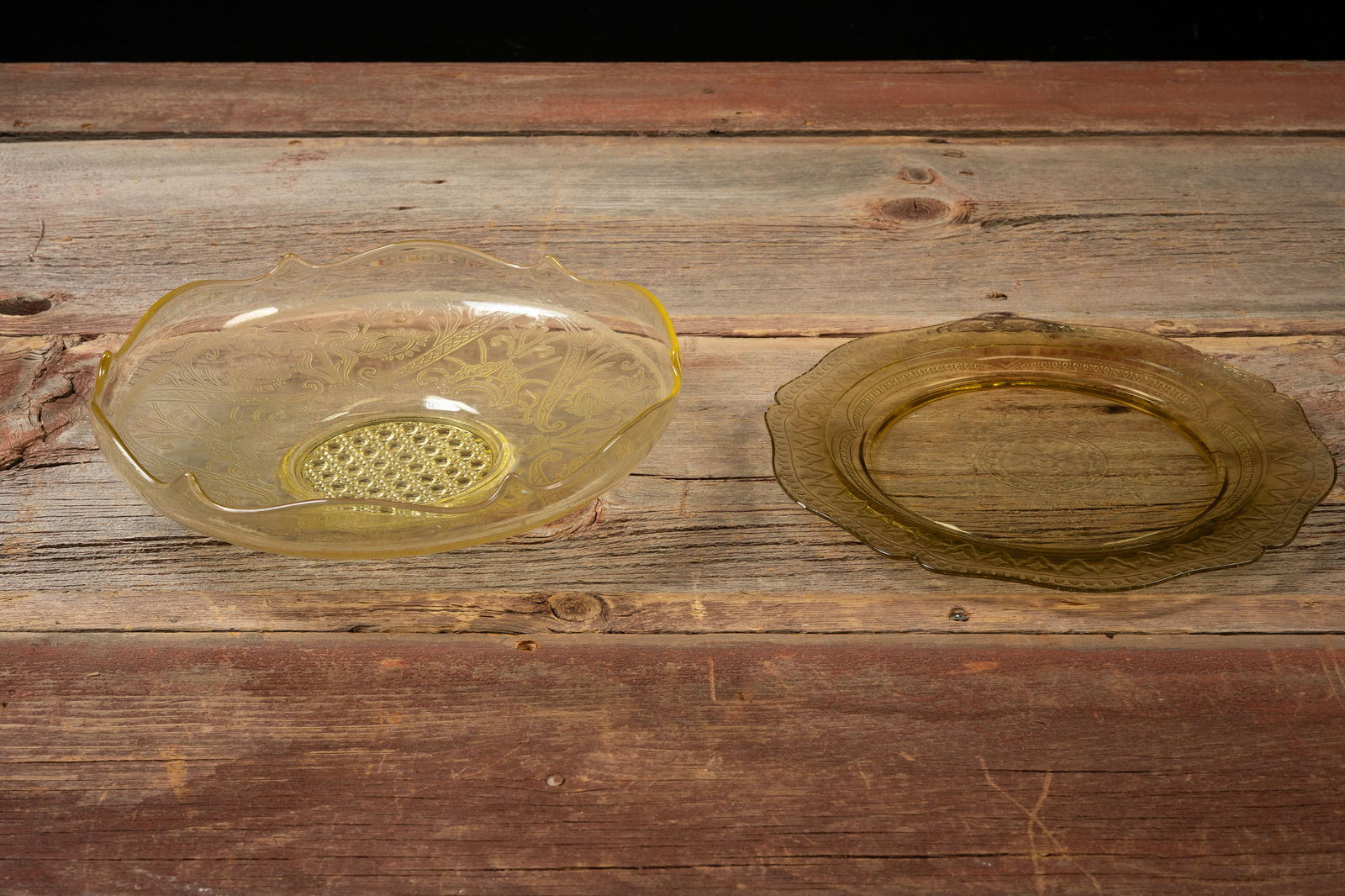 Etched Depression Glass Serving Bowl, Floral Plate: **NOTE: Any shipping quotes provided on this screen are provided by Live Auctioneers. For an in-house shipping quote on this lot, please reach out to us at rockauctiongallery@gmail.com.** 