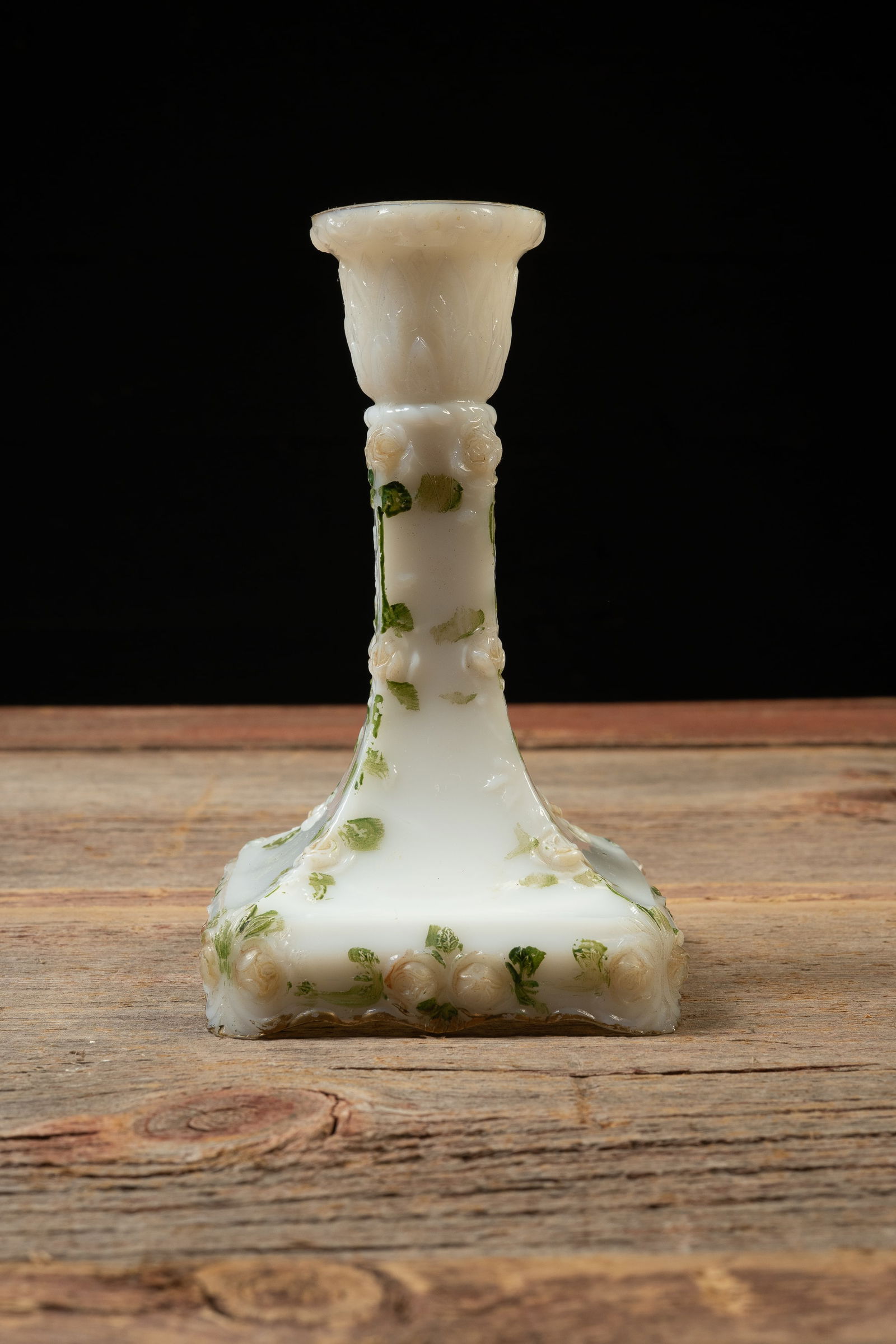 Victorian Milk Glass Candlestick with Rose Leaves (1 of 6)