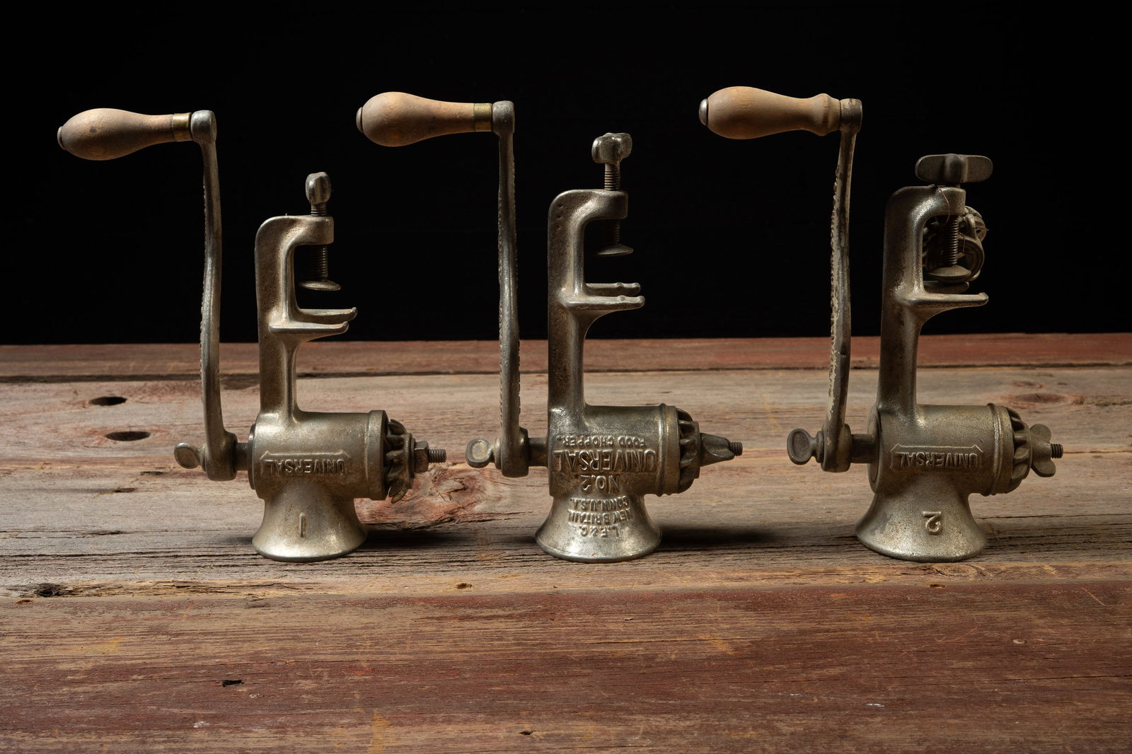 3 Enterprise Universal Cast Iron Food Choppers: **NOTE: Any shipping quotes provided on this screen are provided by Live Auctioneers. For an in-house shipping quote on this lot, please reach out to us at rockauctiongallery@gmail.com.** 