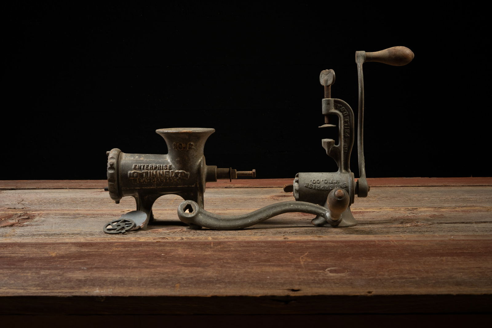 Enterprise No. 12 â€?Tinnedâ€? Meat Grinder w/ Parts: **NOTE: Any shipping quotes provided on this screen are provided by Live Auctioneers. For an in-house shipping quote on this lot, please reach out to us at rockauctiongallery@gmail.com.** C-19171