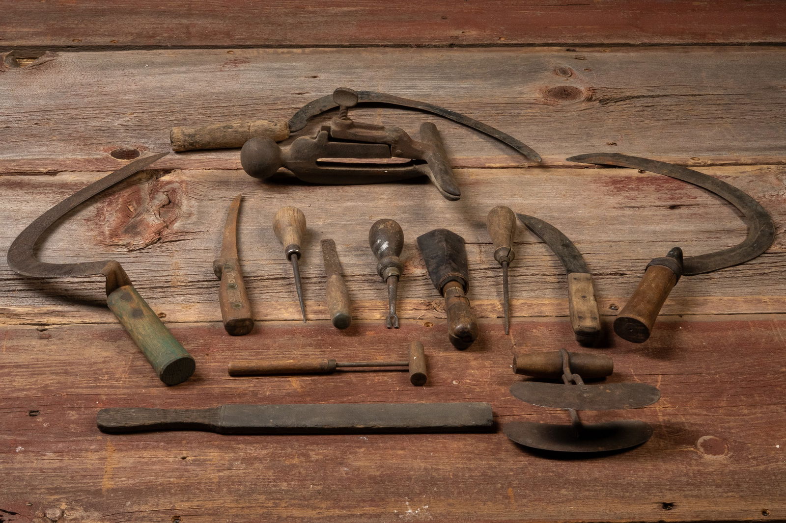 Lot of Assorted Antique Farm Tools: **NOTE: Any shipping quotes provided on this screen are provided by Live Auctioneers. For an in-house shipping quote on this lot, please reach out to us at rockauctiongallery@gmail.com.** C-19188