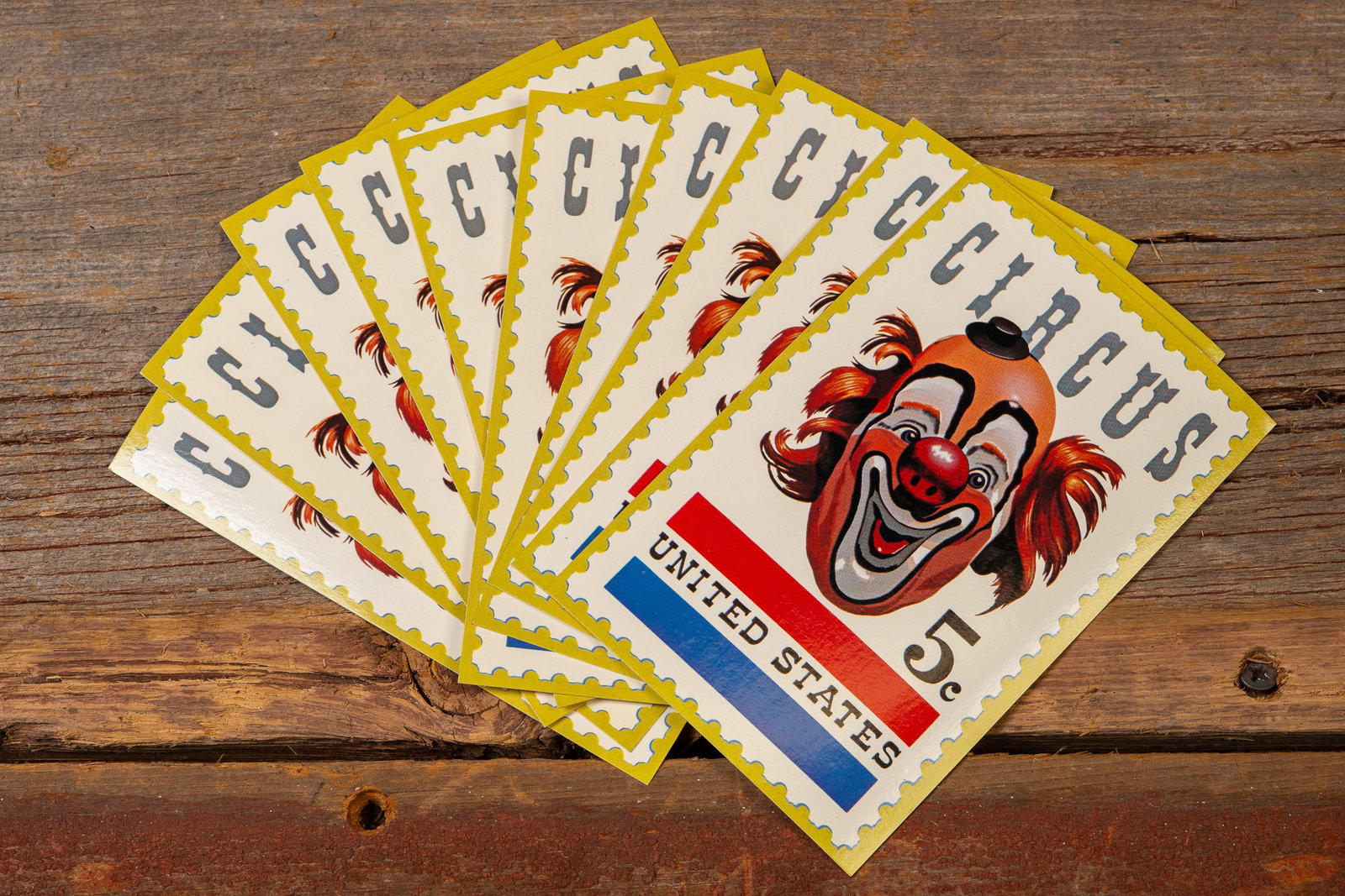 1966 American Circus Stamp Postcards (x10): **NOTE: Any shipping quotes provided on this screen are provided by Live Auctioneers. For an in-house shipping quote on this lot, please reach out to us at rockauctiongallery@gmail.com.** C-19196