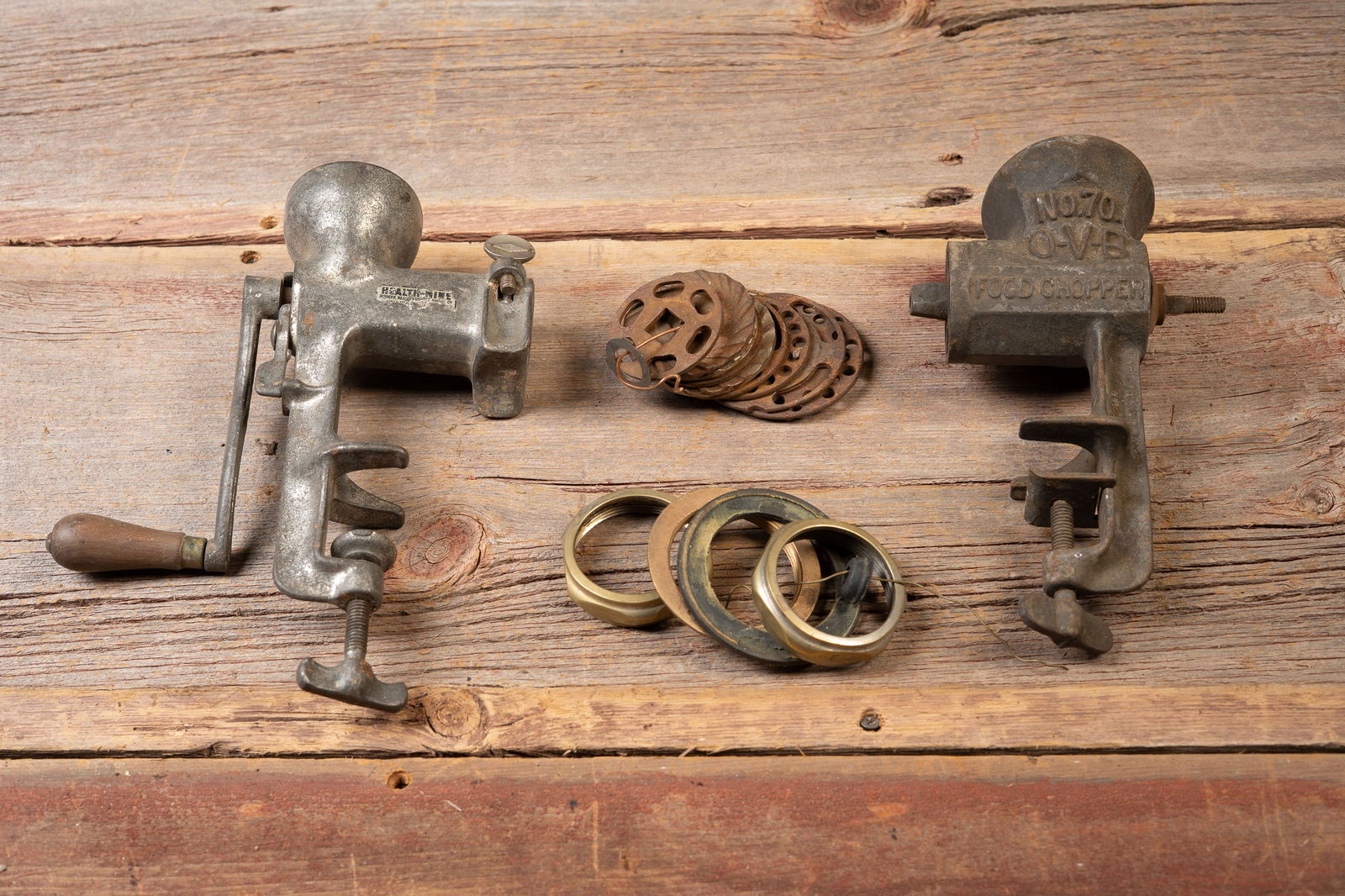 Vintage Clamp-On Food Choppers with Plates: **NOTE: Any shipping quotes provided on this screen are provided by Live Auctioneers. For an in-house shipping quote on this lot, please reach out to us at rockauctiongallery@gmail.com.** 