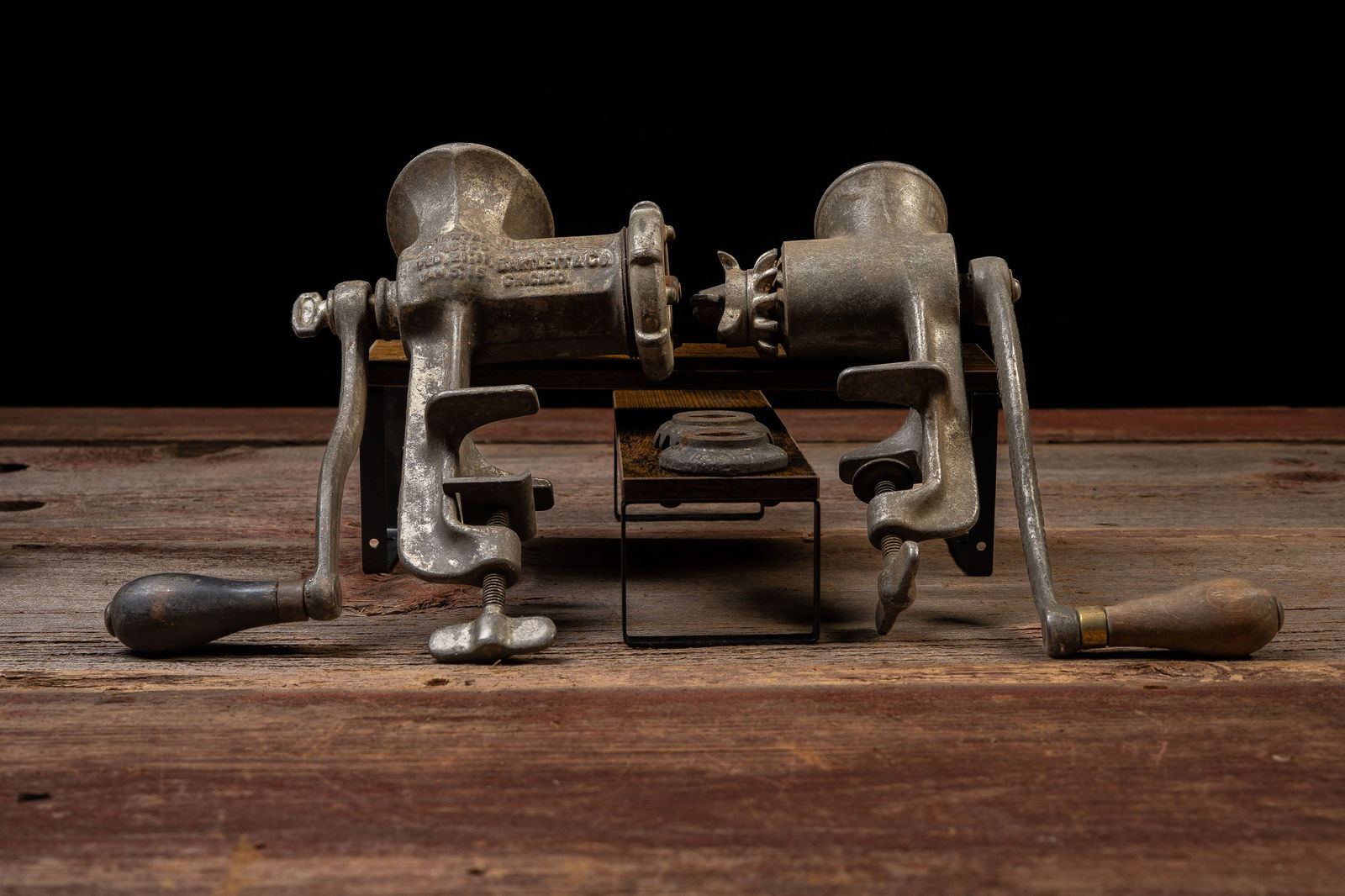Vintage Clamp-On Food Choppers with Plates: **NOTE: Any shipping quotes provided on this screen are provided by Live Auctioneers. For an in-house shipping quote on this lot, please reach out to us at rockauctiongallery@gmail.com.** C-19219