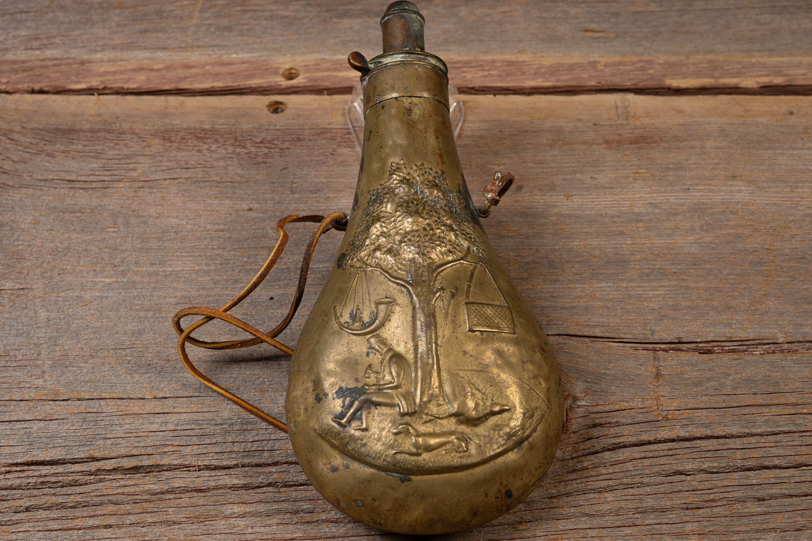 Embossed Brass Hunting Motif Powder Flask (1 of 4)