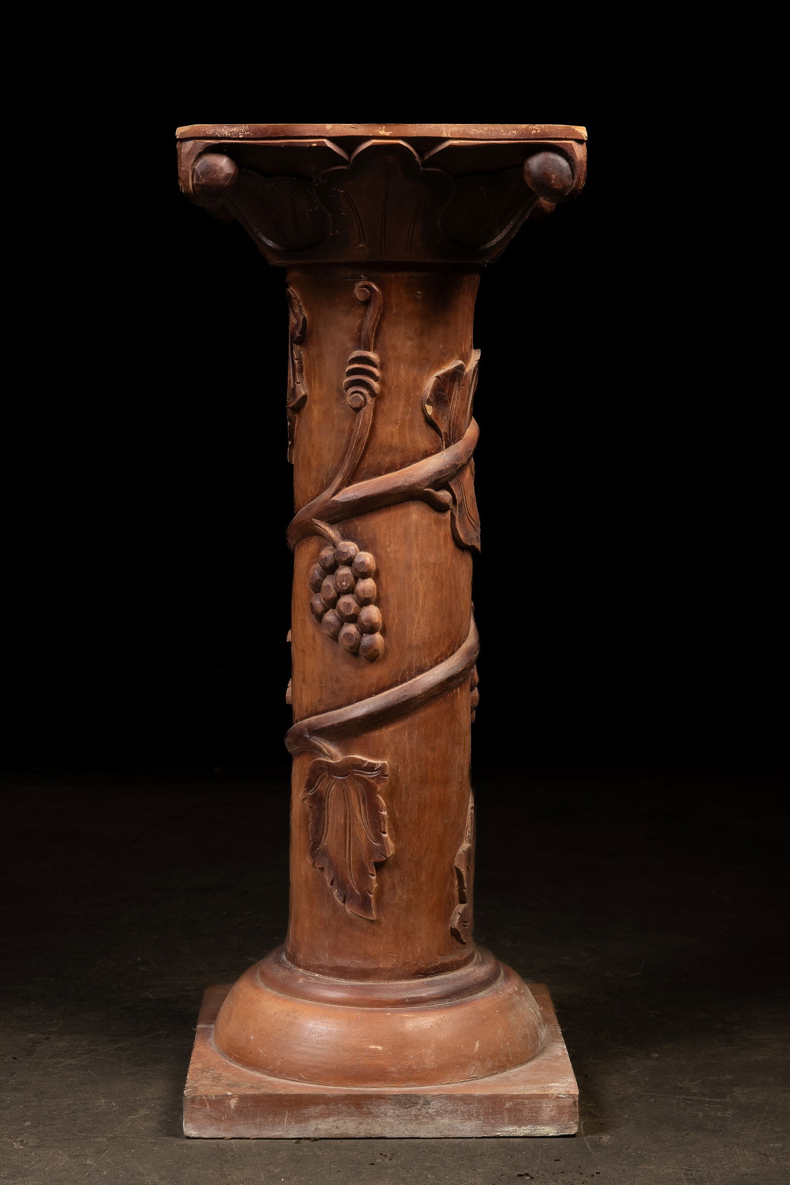Carved Wood Pedestal with Grapevine Motif: **NOTE: Any shipping quotes provided on this screen are provided by Live Auctioneers. For an in-house shipping quote on this lot, please reach out to us at rockauctiongallery@gmail.com.** C-19262