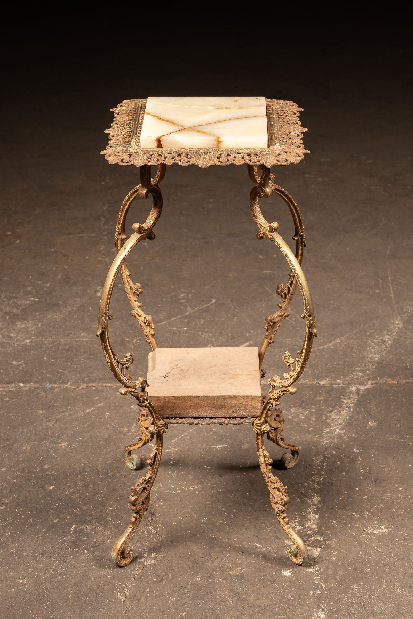 Brass and Stone Plant Stand: **NOTE: Any shipping quotes provided on this screen are provided by Live Auctioneers. For an in-house shipping quote on this lot, please reach out to us at rockauctiongallery@gmail.com.** C-19247