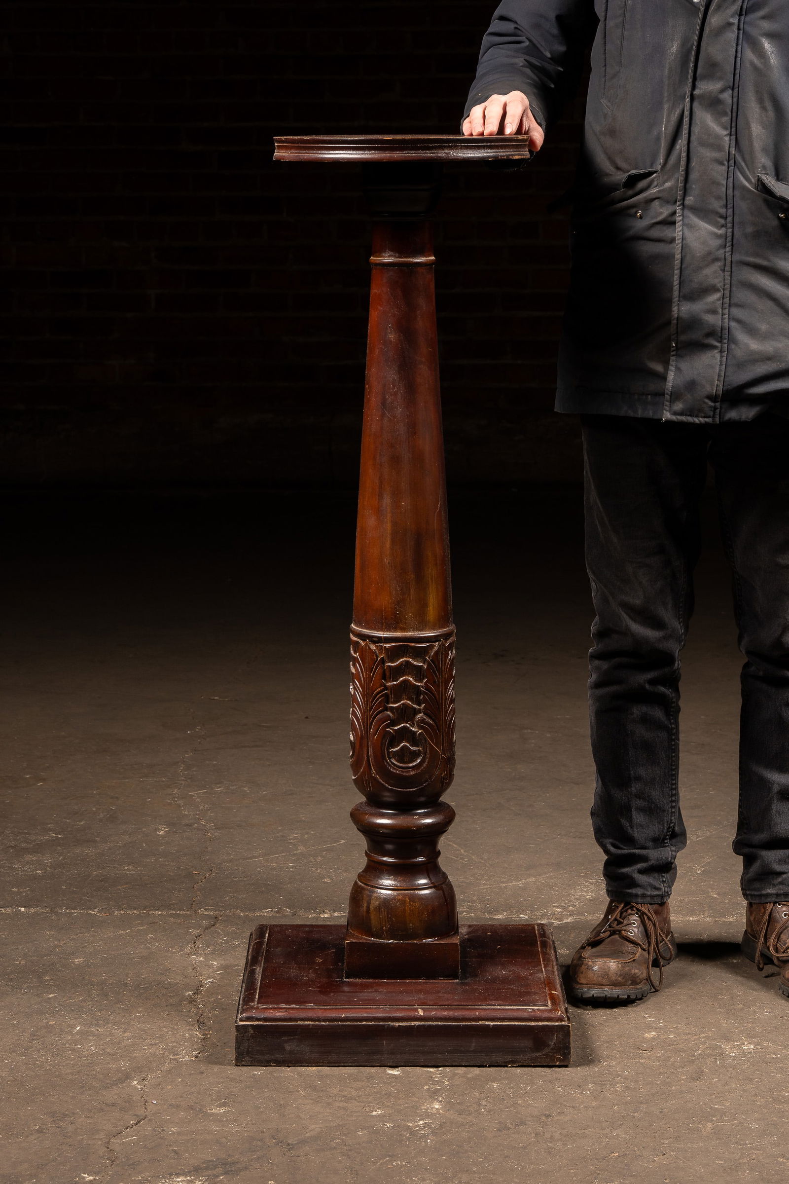 Tall Wooden Plant Stand With Floral Motif: **NOTE: Any shipping quotes provided on this screen are provided by Live Auctioneers. For an in-house shipping quote on this lot, please reach out to us at rockauctiongallery@gmail.com.** 