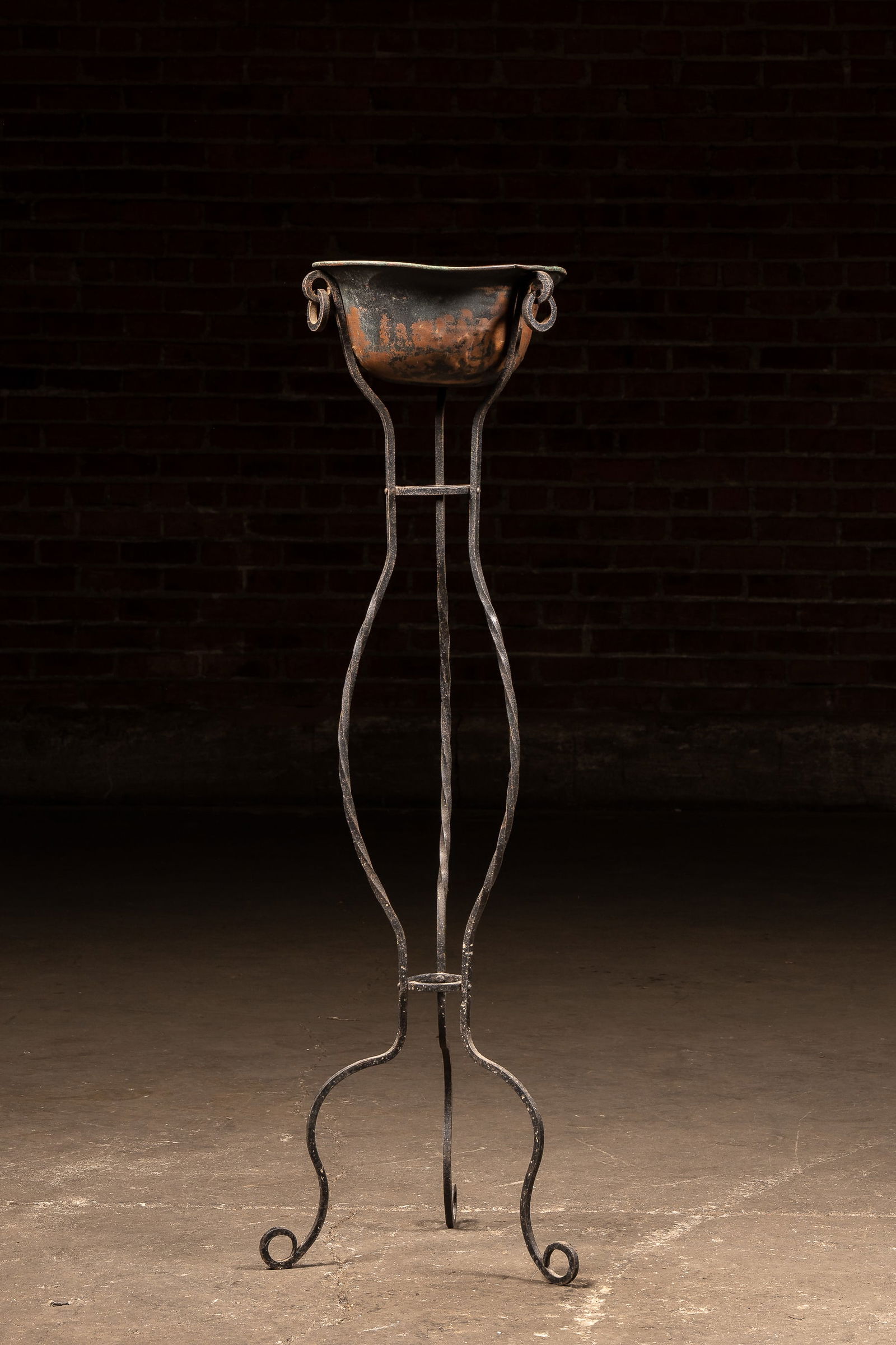Copper Pot On Wrought Iron Stand: **NOTE: Any shipping quotes provided on this screen are provided by Live Auctioneers. For an in-house shipping quote on this lot, please reach out to us at rockauctiongallery@gmail.com.** 