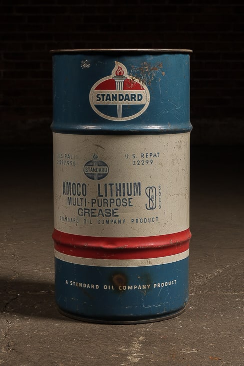 Standard Oil / Amoco Lithium Grease Drum: **NOTE: Any shipping quotes provided on this screen are provided by Live Auctioneers. For an in-house shipping quote on this lot, please reach out to us at rockauctiongallery@gmail.com.** 