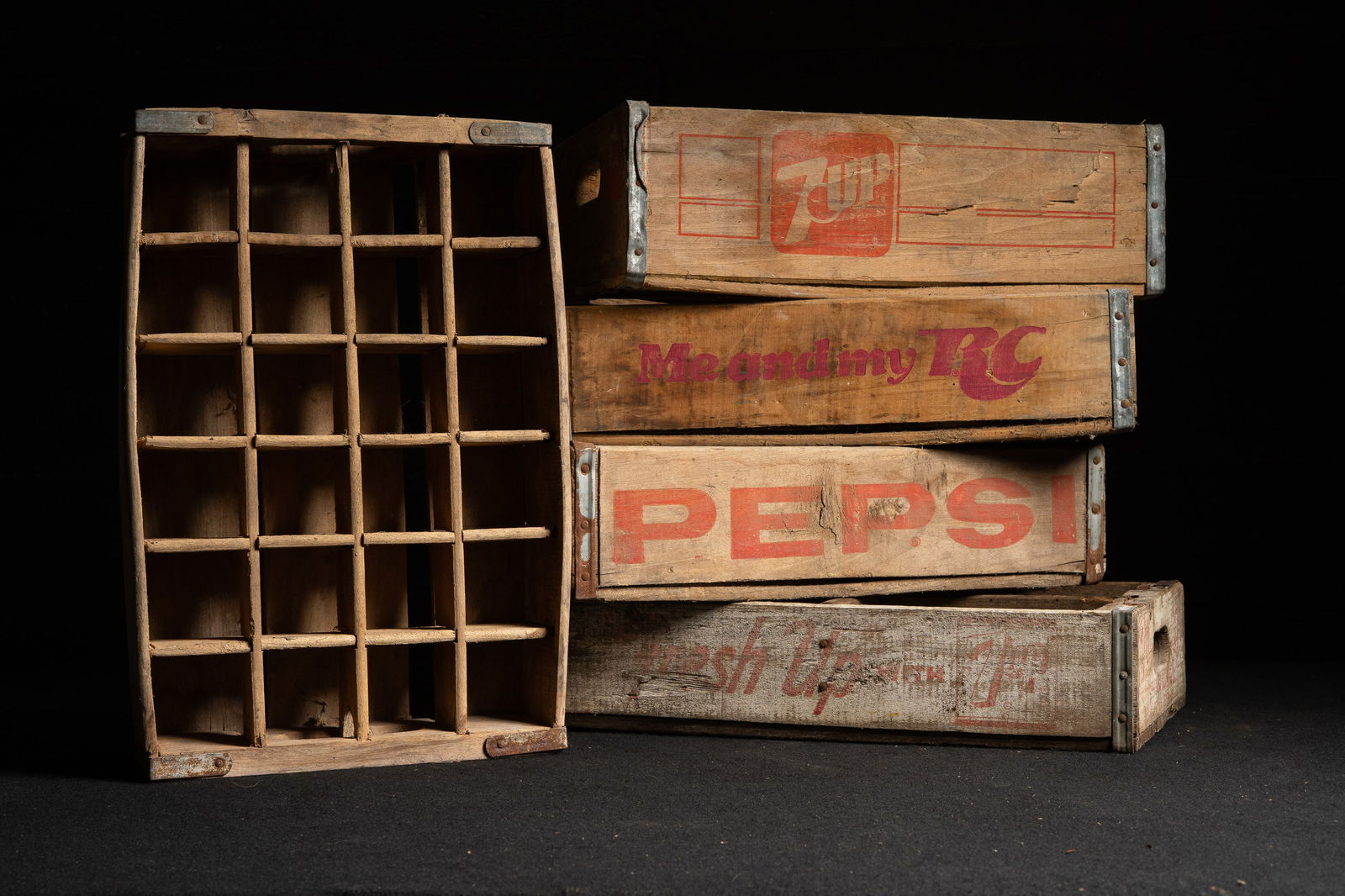 Assorted Vintage Wooden Soda Crates: **NOTE: Any shipping quotes provided on this screen are provided by Live Auctioneers. For an in-house shipping quote on this lot, please reach out to us at rockauctiongallery@gmail.com.** C-19304