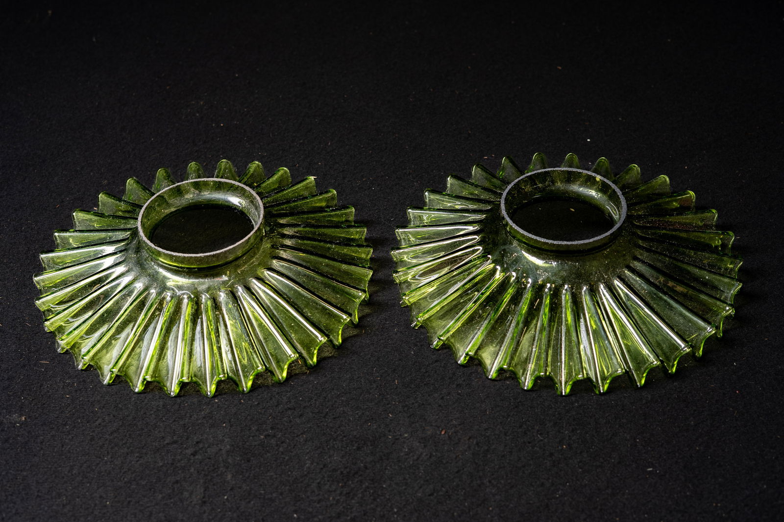Pair of Green Pressed Glass Oil Lamp Shades: **NOTE: Any shipping quotes provided on this screen are provided by Live Auctioneers. For an in-house shipping quote on this lot, please reach out to us at rockauctiongallery@gmail.com.** 