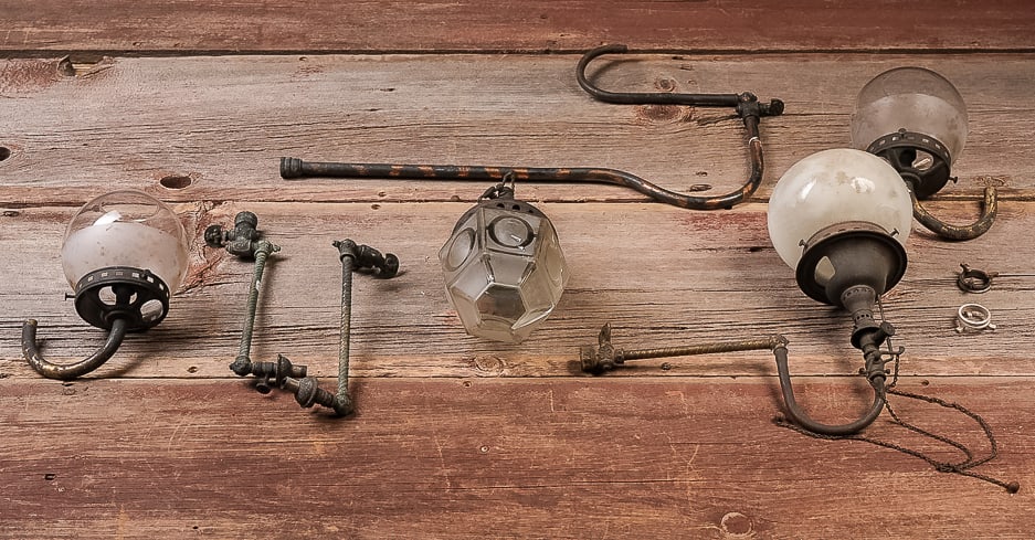 Lot of Industrial Gas Pipe Wall Lamp Parts: **NOTE: Any shipping quotes provided on this screen are provided by Live Auctioneers. For an in-house shipping quote on this lot, please reach out to us at rockauctiongallery@gmail.com.** C-19439