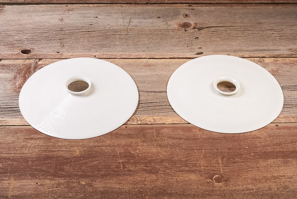 Lot of 2 Milk Glass Flat Disc Lamp Shades: **NOTE: Any shipping quotes provided on this screen are provided by Live Auctioneers. For an in-house shipping quote on this lot, please reach out to us at rockauctiongallery@gmail.com.** 