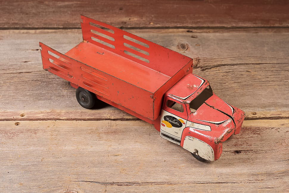 Wyandotte Pressed Steel Stake Bed Truck: **NOTE: Any shipping quotes provided on this screen are provided by Live Auctioneers. For an in-house shipping quote on this lot, please reach out to us at rockauctiongallery@gmail.com.** 