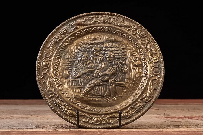 Embossed Brass Figural Decorative Wall Plate: **NOTE: Any shipping quotes provided on this screen are provided by Live Auctioneers. For an in-house shipping quote on this lot, please reach out to us at rockauctiongallery@gmail.com.** C-19482