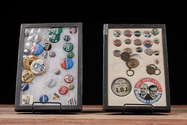 Lot of 2 Framed Sets of Political Buttons: **NOTE: Any shipping quotes provided on this screen are provided by Live Auctioneers. For an in-house shipping quote on this lot, please reach out to us at rockauctiongallery@gmail.com.** C-19490