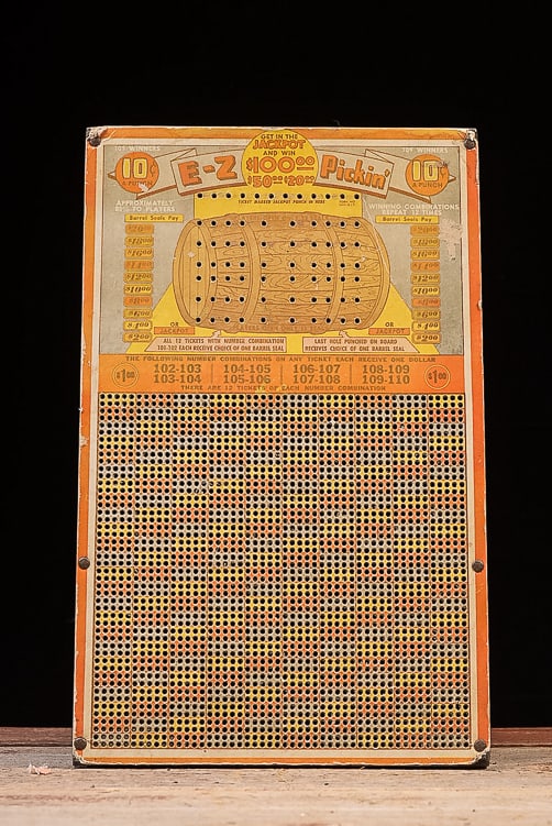 E-Z Pickinâ€™ Punchboard Gambling Game: **NOTE: Any shipping quotes provided on this screen are provided by Live Auctioneers. For an in-house shipping quote on this lot, please reach out to us at rockauctiongallery@gmail.com.** C-19504