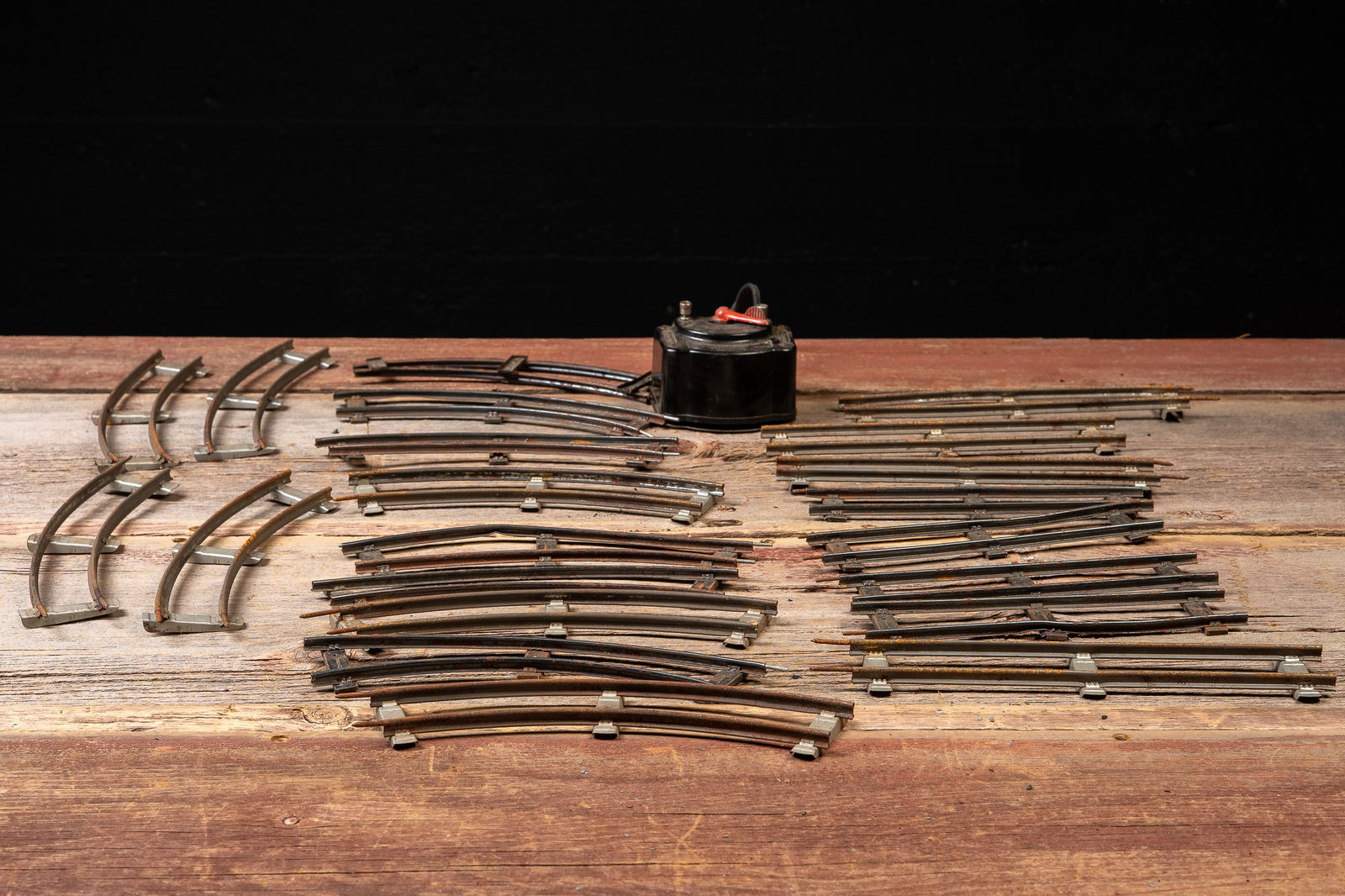 Vintage O-Gauge Toy Train Track and Transformer: **NOTE: Any shipping quotes provided on this screen are provided by Live Auctioneers. For an in-house shipping quote on this lot, please reach out to us at rockauctiongallery@gmail.com.** C-19549