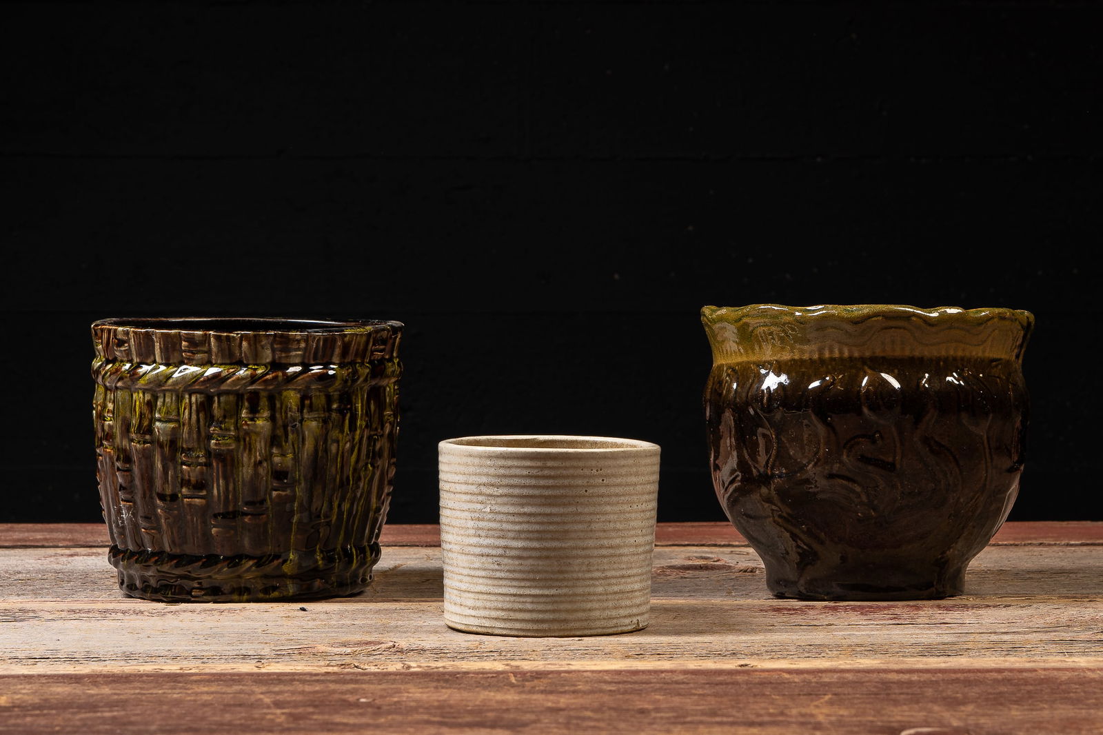 Lot of 3 Vintage Studio and Art Pottery Planters: **NOTE: Any shipping quotes provided on this screen are provided by Live Auctioneers. For an in-house shipping quote on this lot, please reach out to us at rockauctiongallery@gmail.com.** C-19550