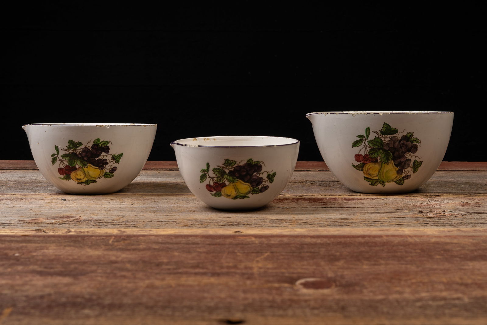 Set of Three Antique Enamelware Fruit Motif Bowls (1 of 9)